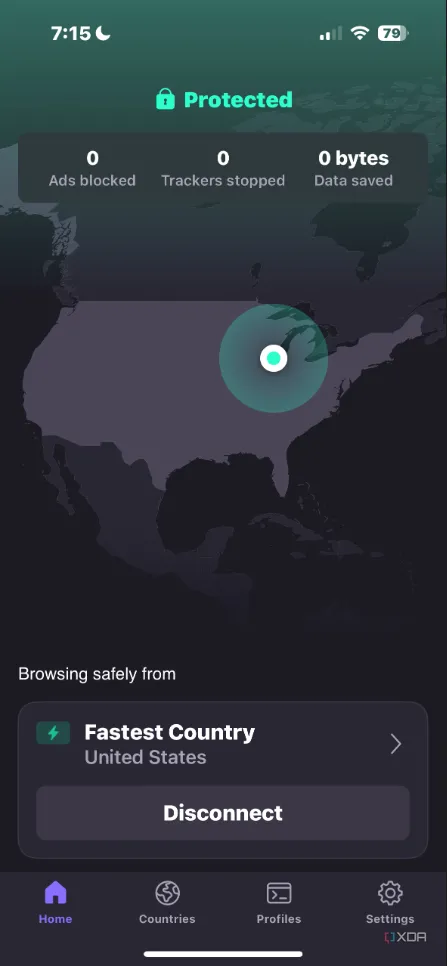 Giao diện ứng dụng Proton VPN trên iPhone, thể hiện khả năng bảo vệ trên thiết bị di động.