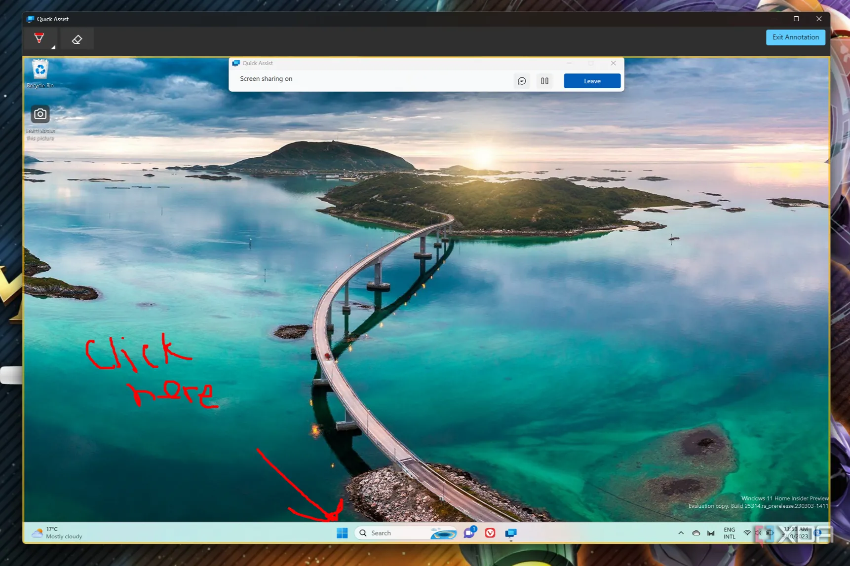 Giao diện ứng dụng Quick Assist trên Windows 11 với các công cụ chú thích.
