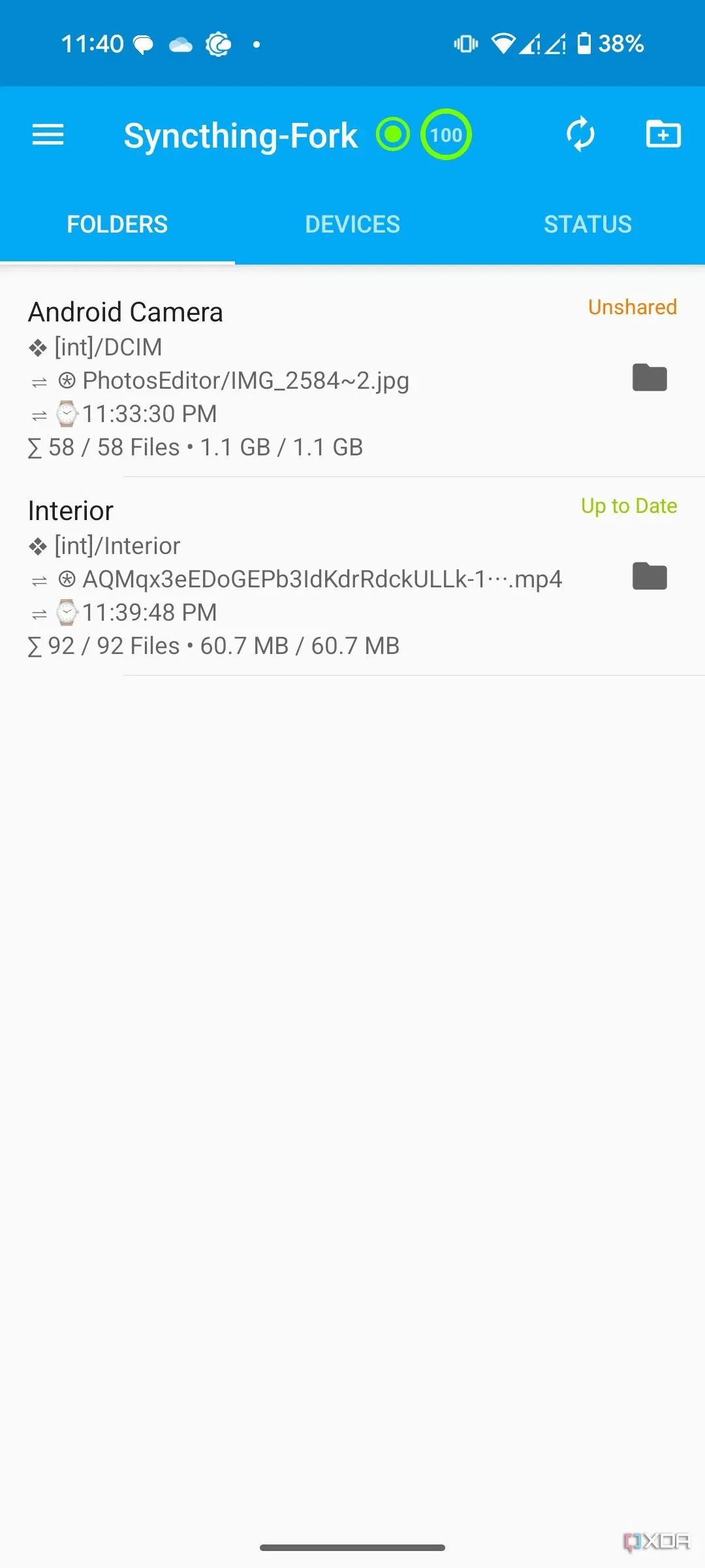 Giao diện ứng dụng Syncthing trên Android hiển thị màn hình chính và các thiết bị đã kết nối.