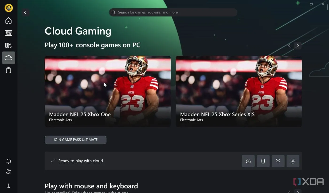 Giao diện ứng dụng Xbox trên Windows 11 với các trò chơi hỗ trợ chơi qua đám mây