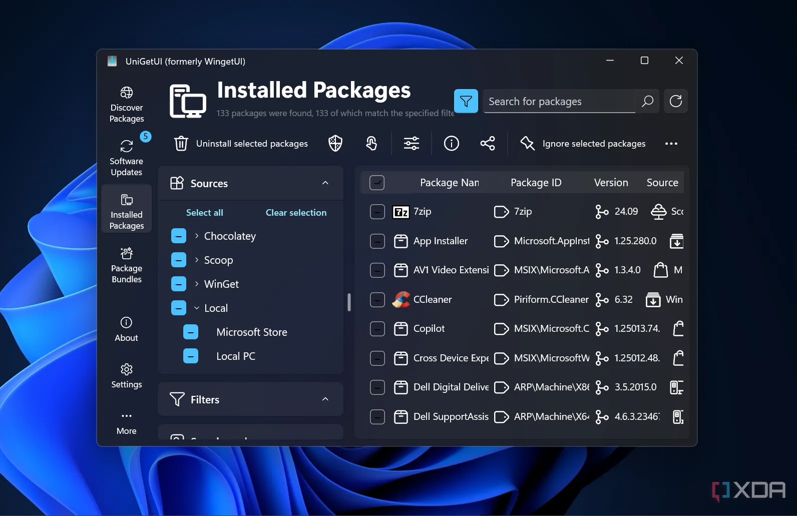 Giao diện UniGetUI hiển thị các gói ứng dụng đã cài đặt trên Windows 11