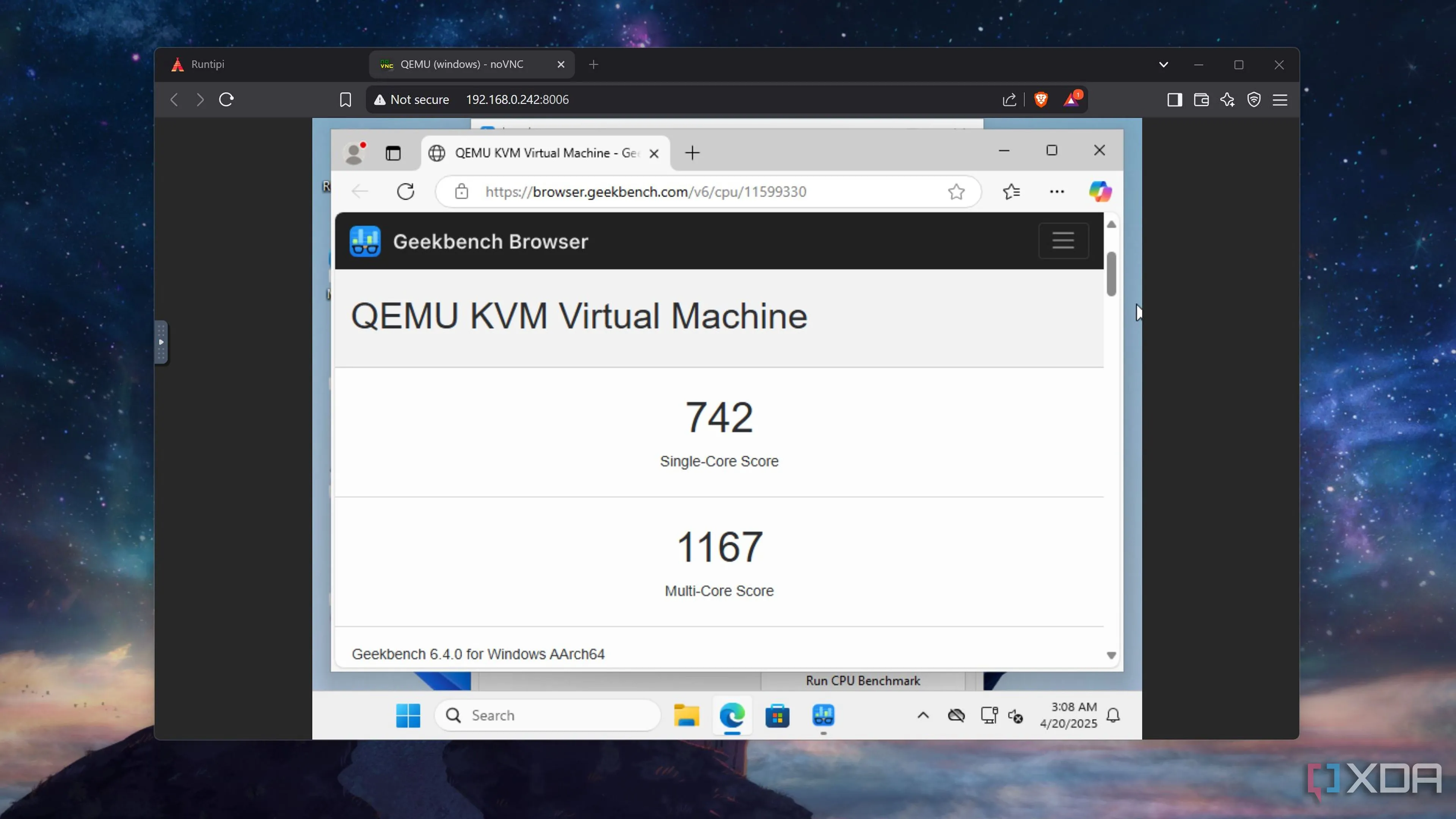 Giao diện và kết quả thử nghiệm hiệu năng Geekbench 6 trên Windows 11 Arm chạy trong container Runtipi trên Raspberry Pi 5