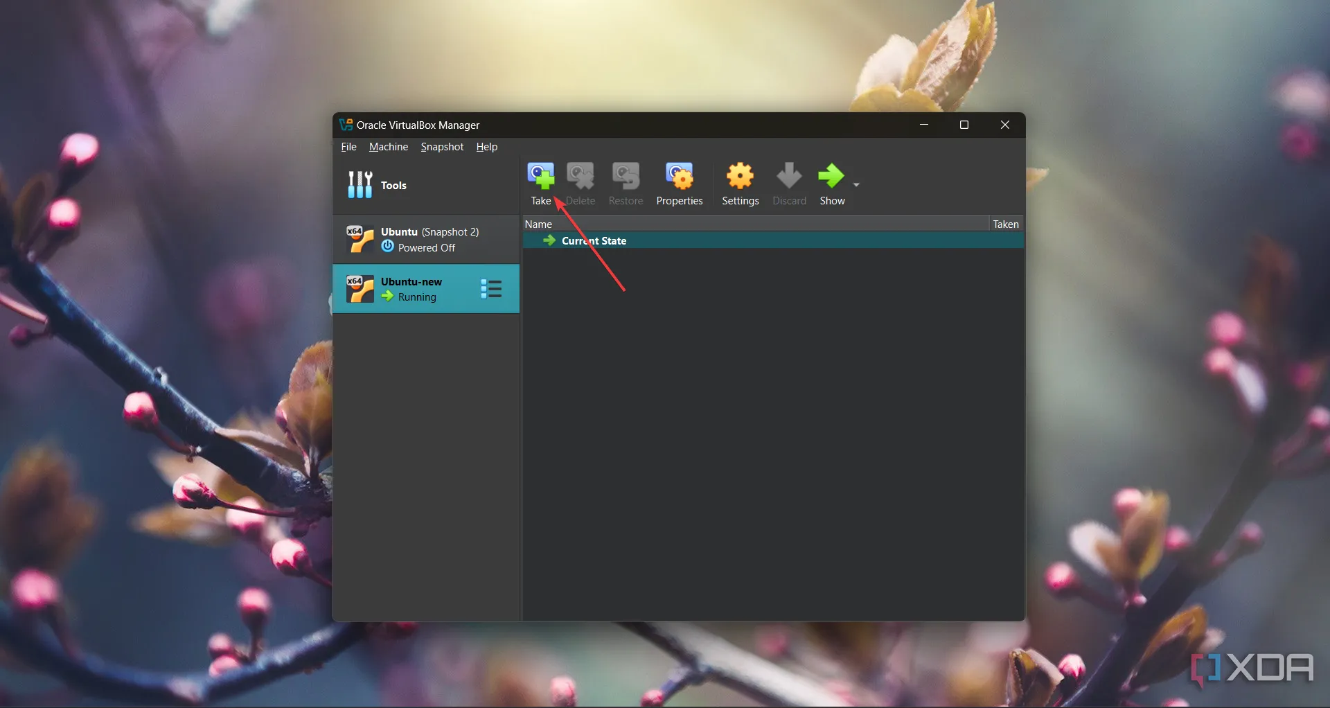 Giao diện VirtualBox hiển thị quá trình tạo snapshot cho máy ảo Ubuntu Linux.