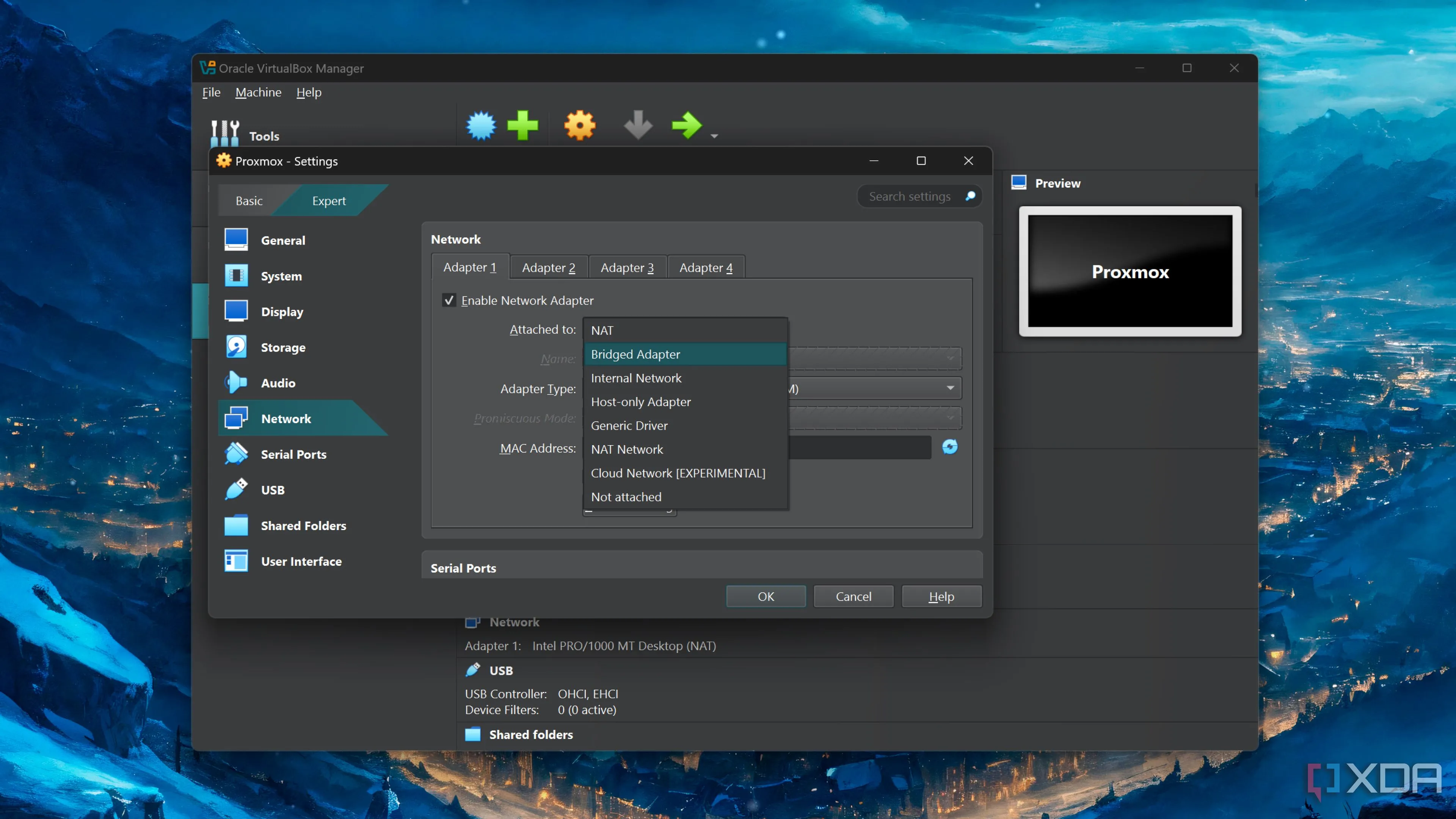 Giao diện VirtualBox với thiết lập máy ảo (VM), thể hiện khả năng phân bổ băng thông mạng thông qua card mạng PCIe
