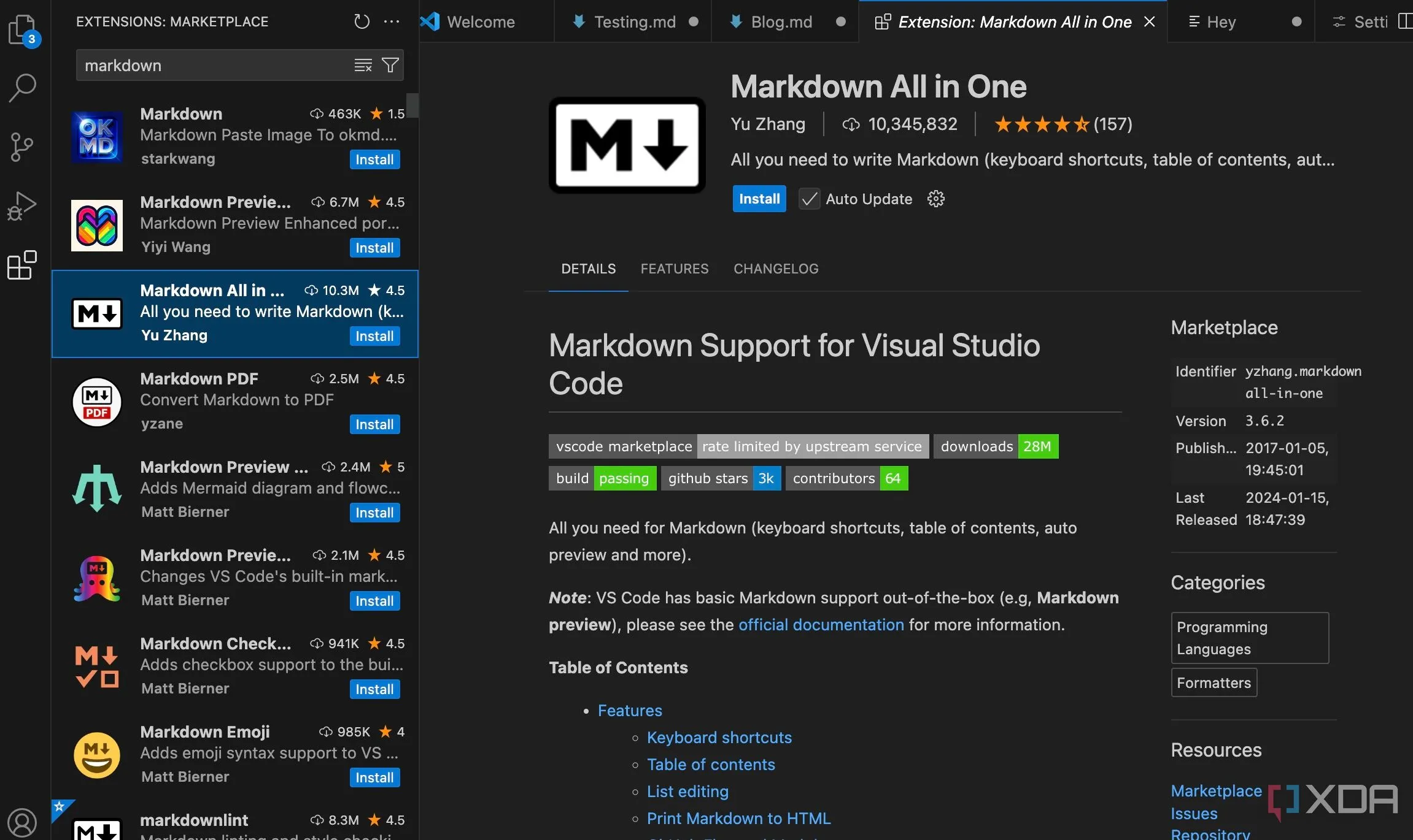 Giao diện Visual Studio Code với tiện ích mở rộng Markdown, thể hiện khả năng chỉnh sửa mã hiệu quả