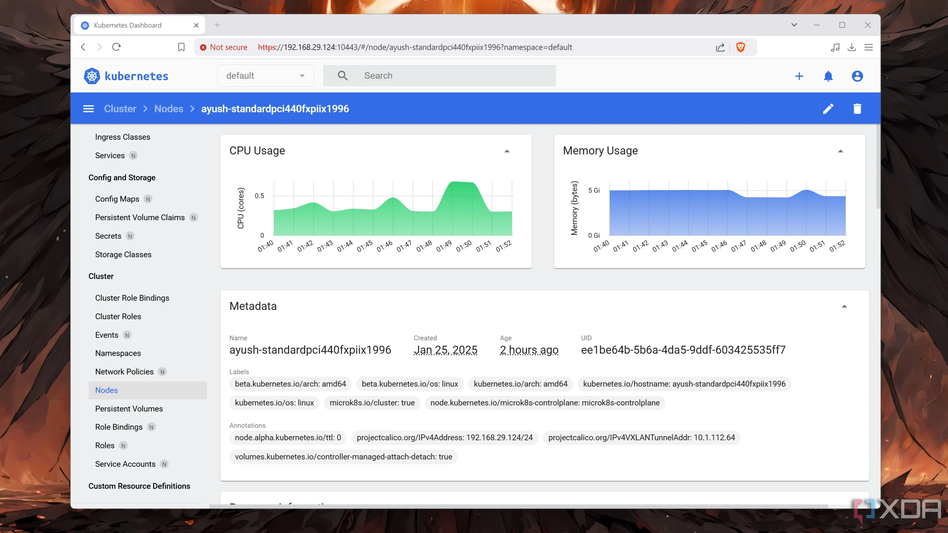 Giao diện web của Kubernetes (K8s) hiển thị trạng thái một node trong cụm, minh họa công cụ điều phối container Kubernetes.