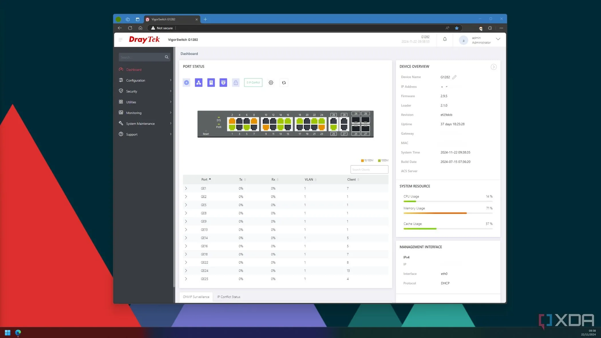 Giao diện web của switch hiển thị trạng thái và thông tin các cổng