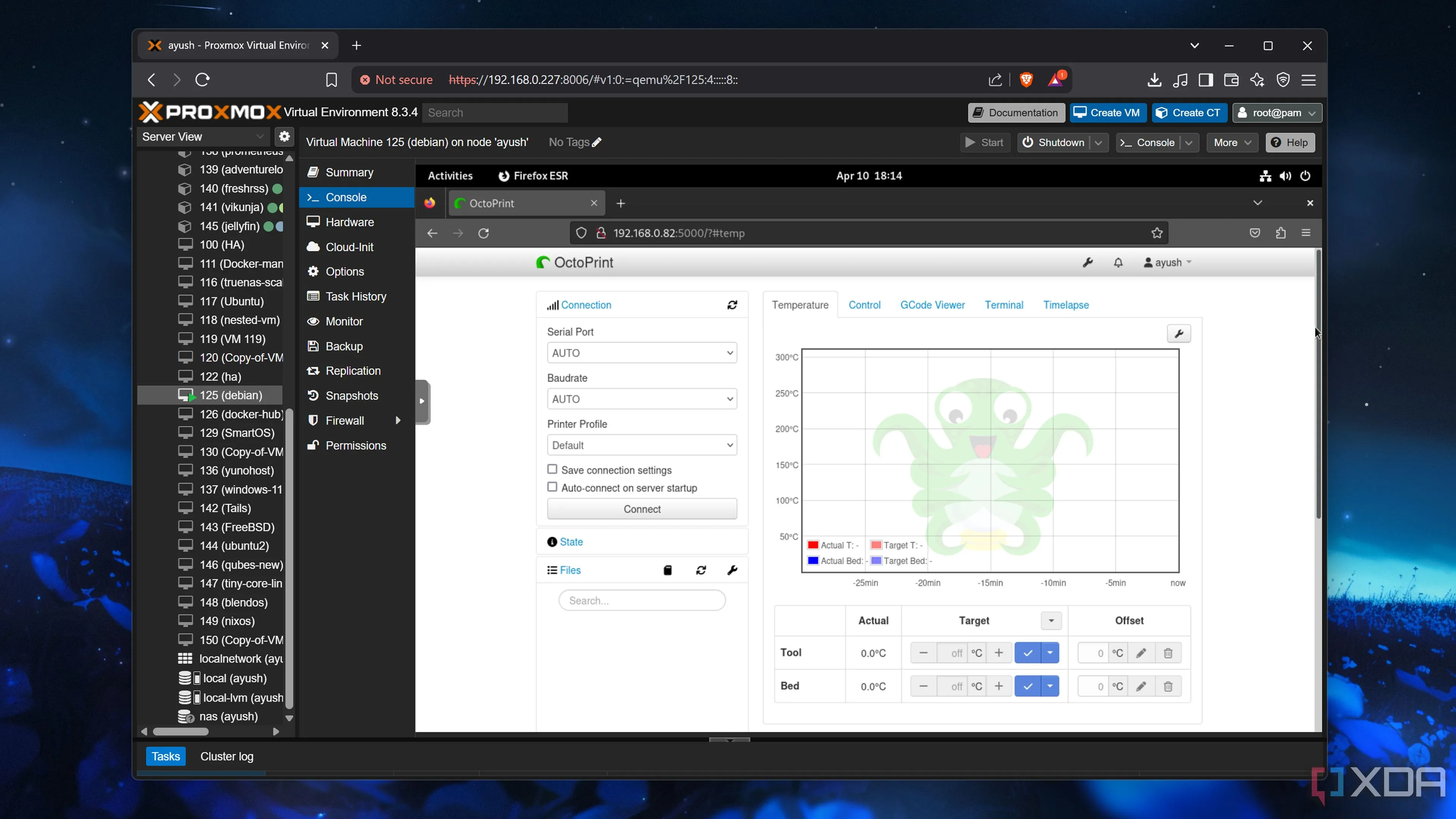 Giao diện web OctoPrint chạy trên máy ảo Proxmox, thể hiện khả năng quản lý máy in 3D từ xa
