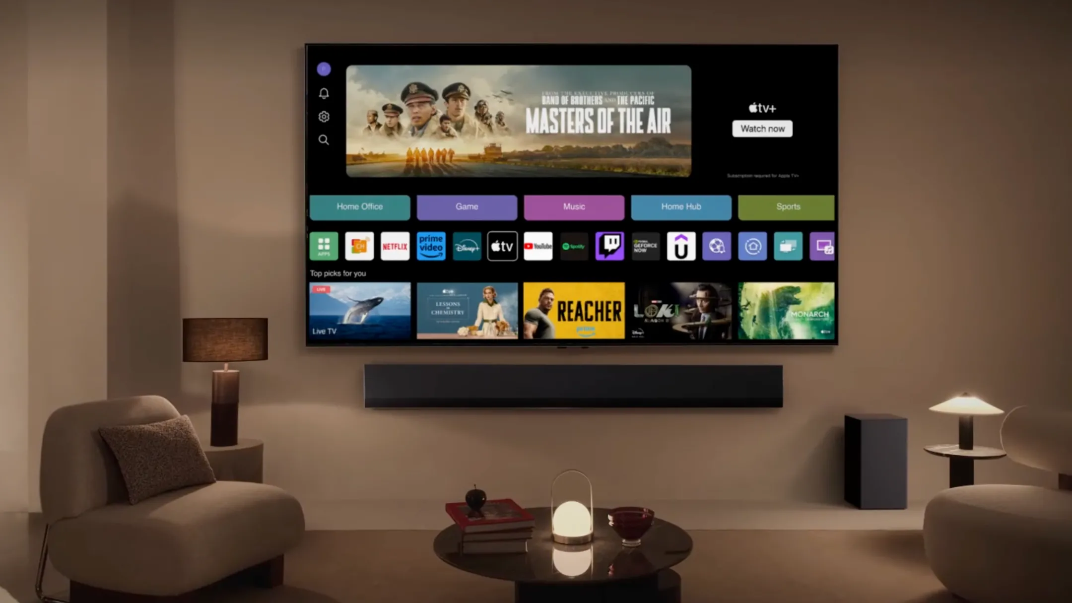Giao diện webOS thông minh trên Smart TV LG UT70 Series 65 inch hiển thị các ứng dụng giải trí phổ biến