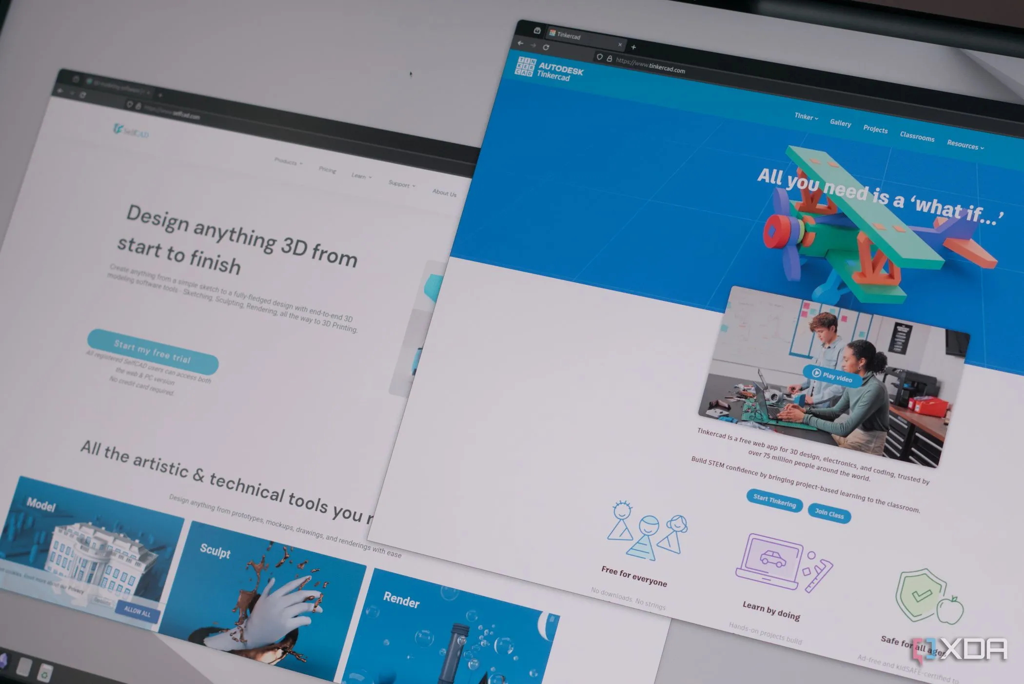 Giao diện website của TinkerCAD và SelfCAD, hai phần mềm thiết kế 3D phổ biến.