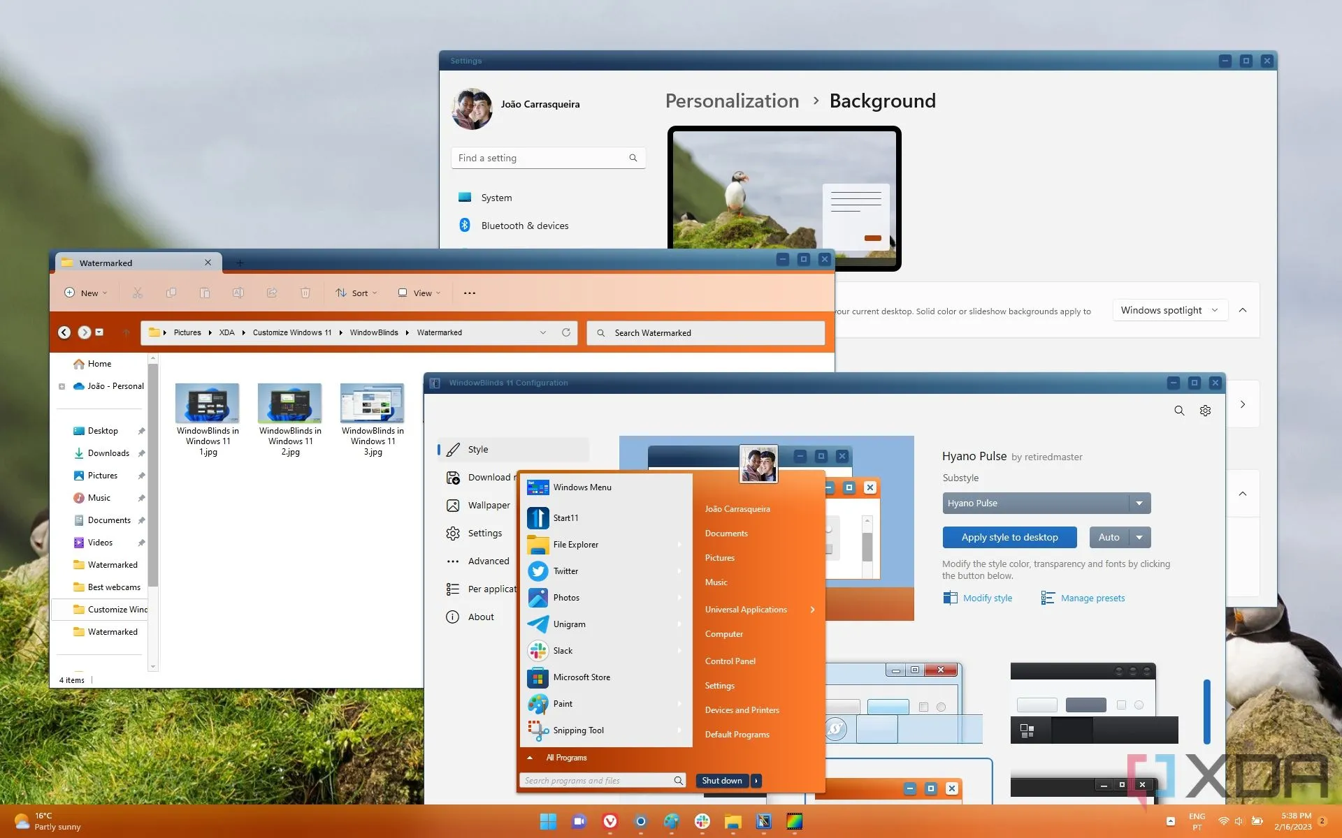 Giao diện Windows 11 đã được tùy chỉnh với thanh Taskbar, Start menu và chủ đề độc đáo.
