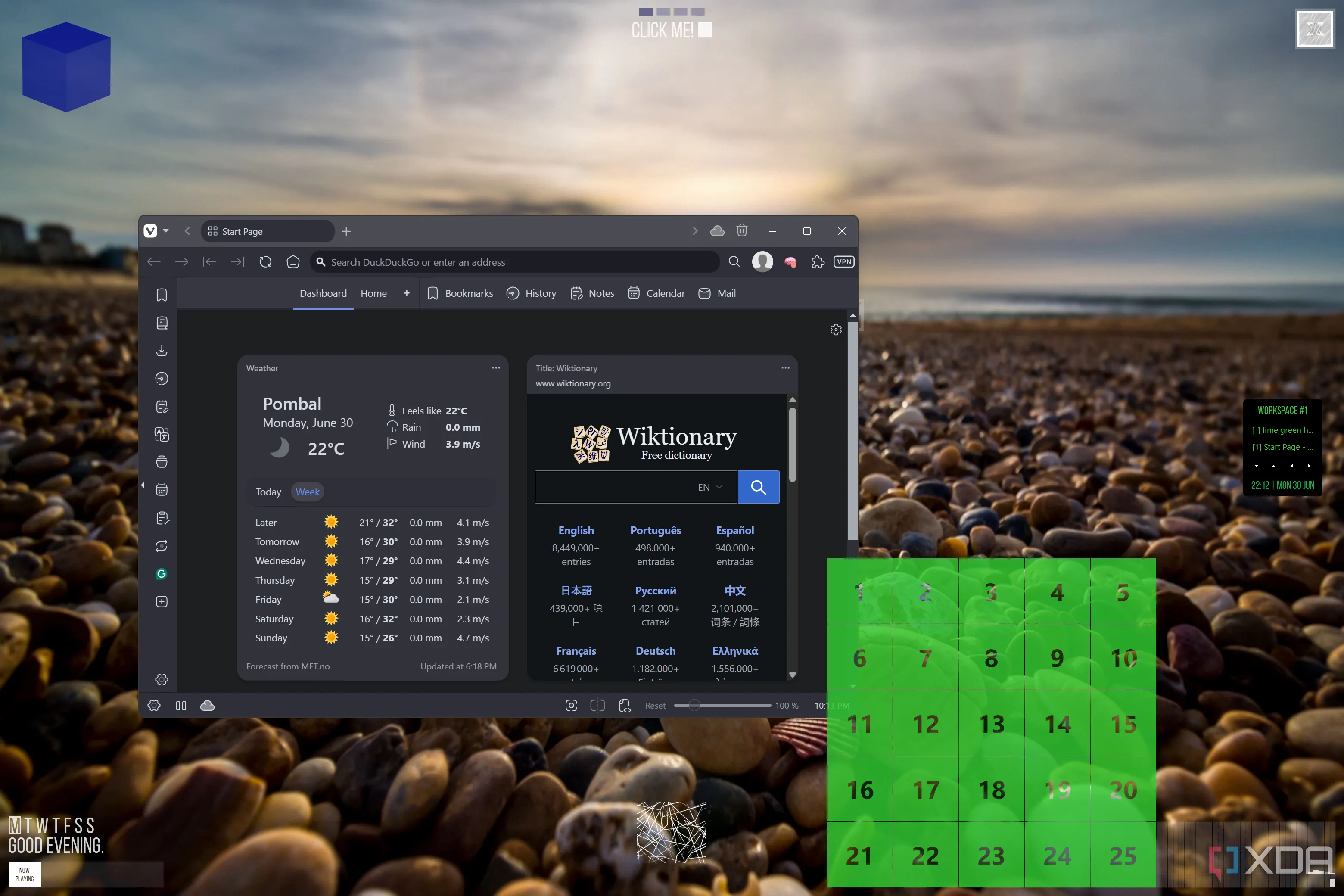 Giao diện Windows 11 được tùy biến với xoblite cùng các widget và cửa sổ trình duyệt mở