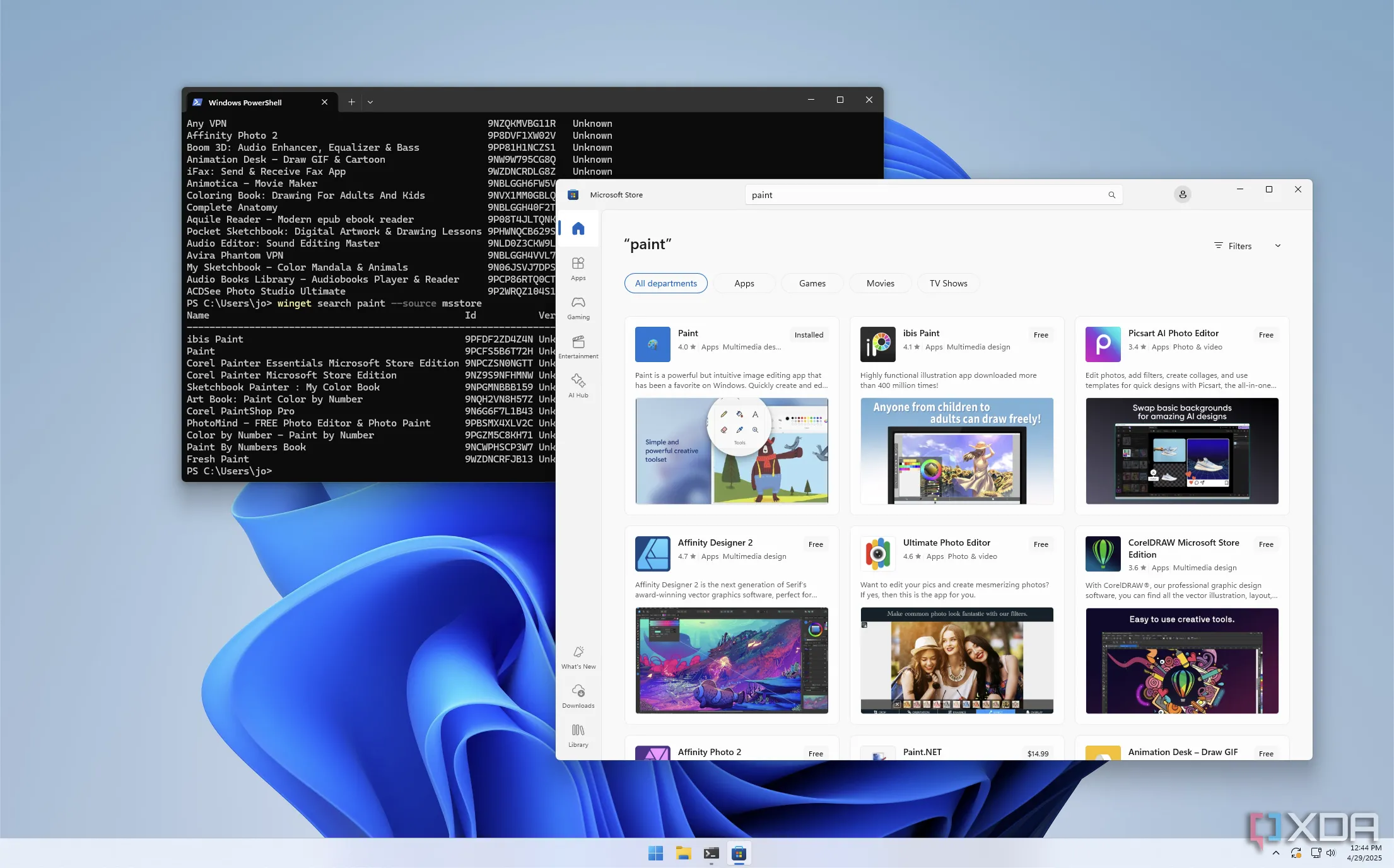 Giao diện Windows 11 hiển thị kết quả tìm kiếm ứng dụng Win32 trên Microsoft Store và Winget