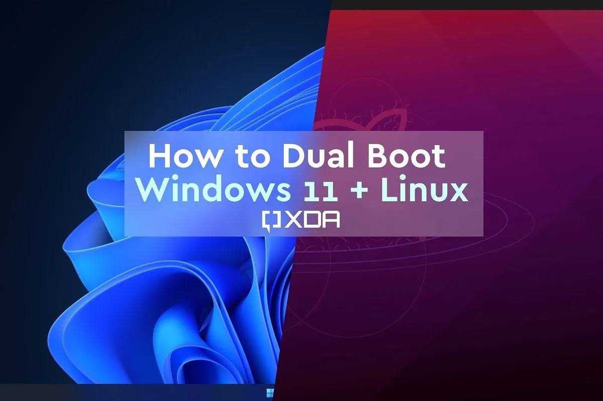 Giao diện Windows 11 và biểu tượng Linux trên màn hình, minh họa việc cài đặt song song hai hệ điều hành