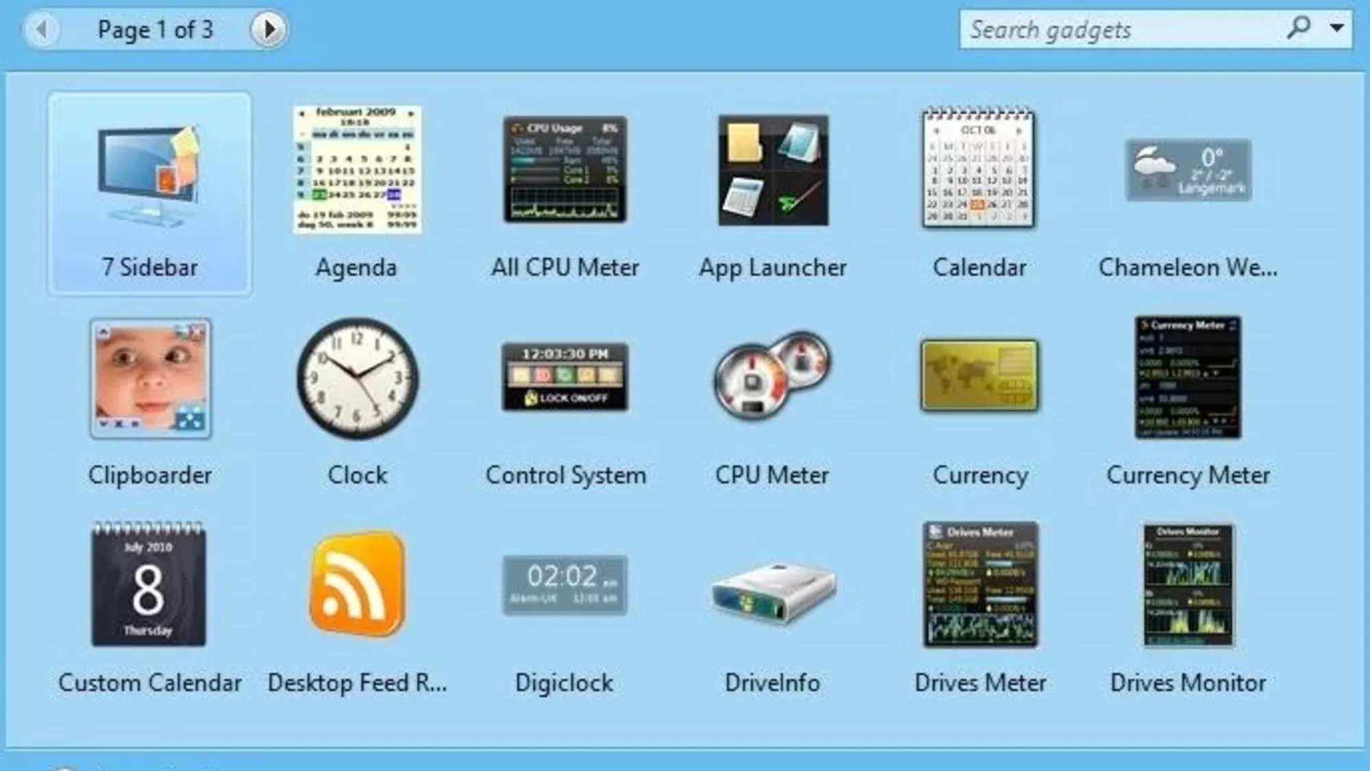 Giao diện Windows Gadgets hiển thị đồng hồ, lịch và thời tiết trên desktop