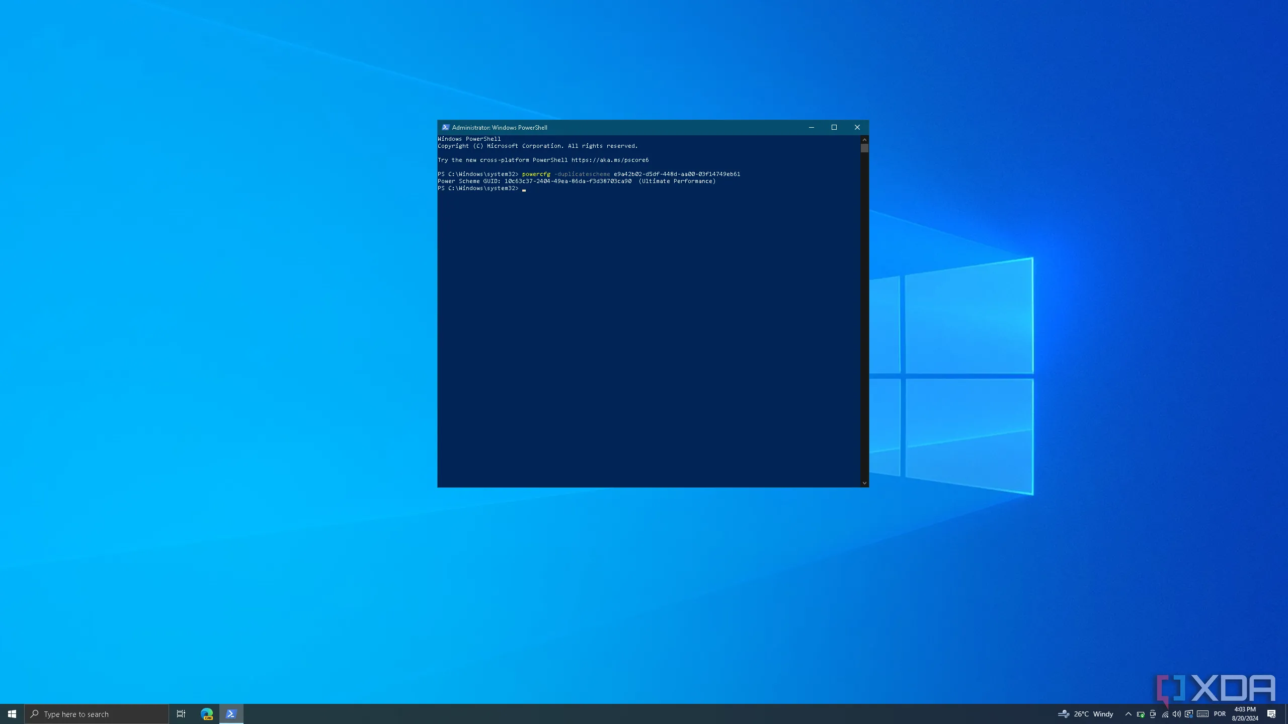 Giao diện Windows PowerShell chạy lệnh để kích hoạt chế độ hiệu suất cao Ultimate Performance trên Windows 10, minh chứng cho tốc độ xử lý