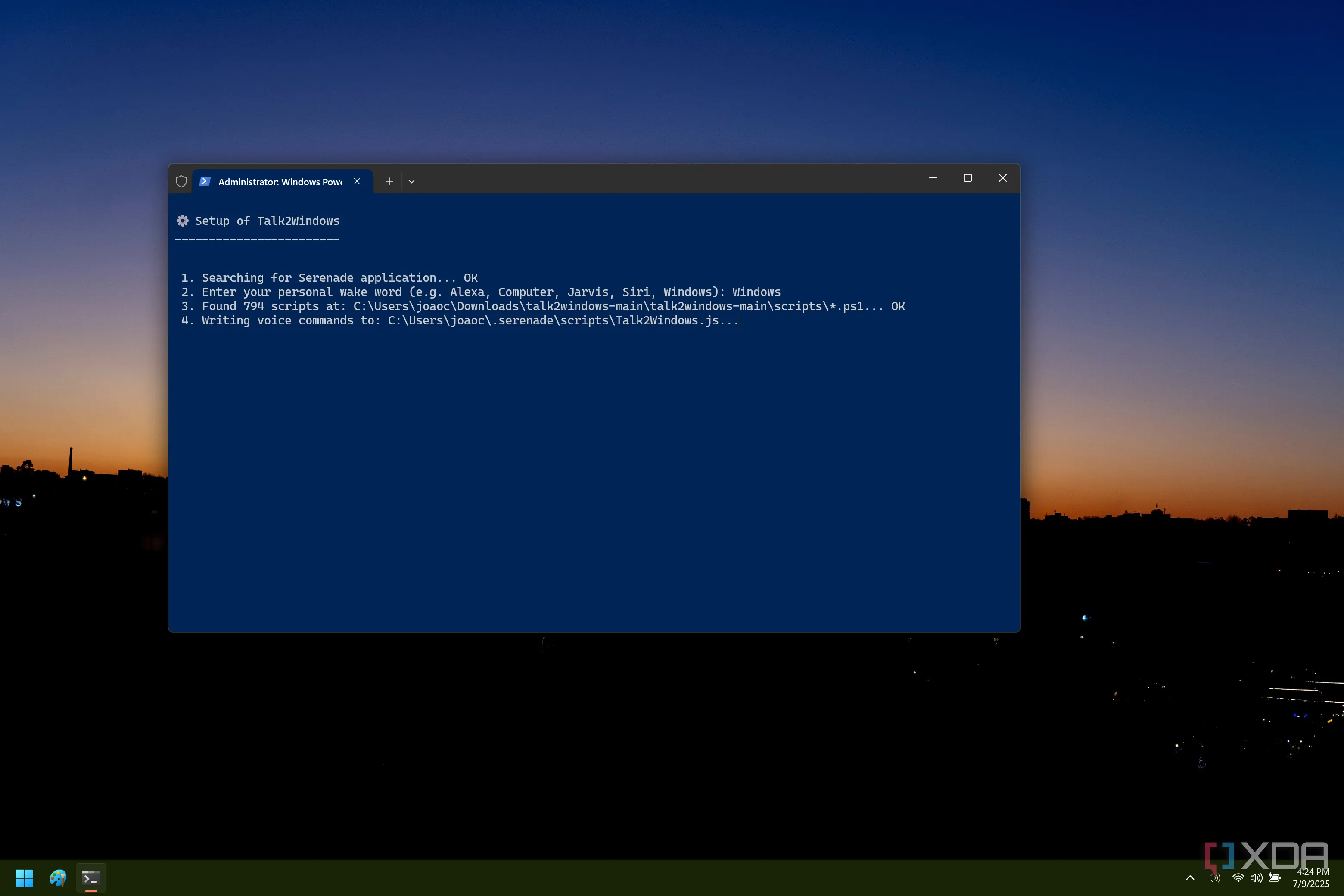 Giao diện Windows Terminal đang chạy script PowerShell setup.ps1 để cài đặt các lệnh nhận diện giọng nói cho Talk2Windows trên Windows 11.