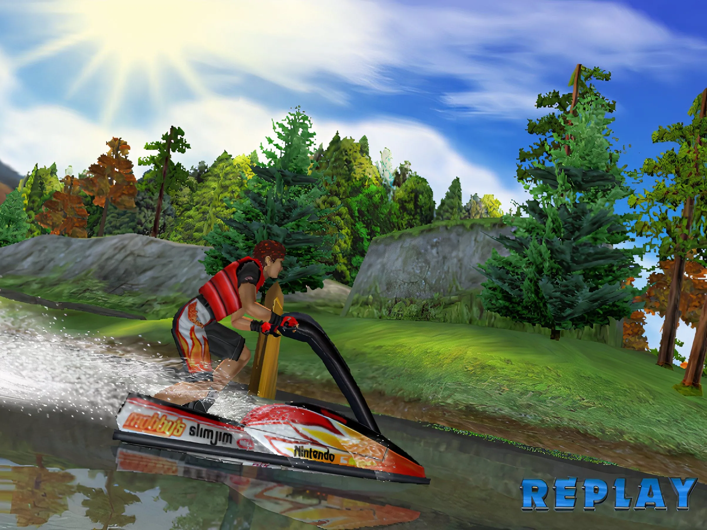 Góc nhìn từ người thứ ba khi điều khiển mô tô nước trong Wave Race: Blue Storm