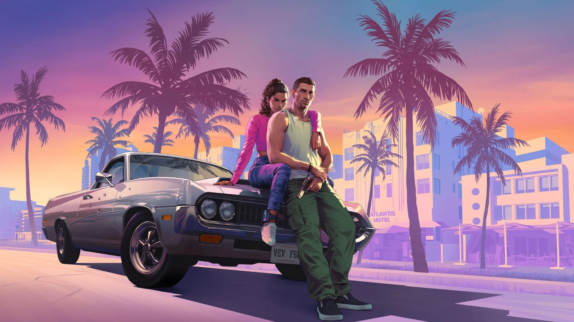 Hai nhân vật chính Lucia và Jason từ GTA 6 ngồi trên mui xe thể thao, đại diện cho sức hút và tầm ảnh hưởng của tựa game bom tấn này trên thị trường game