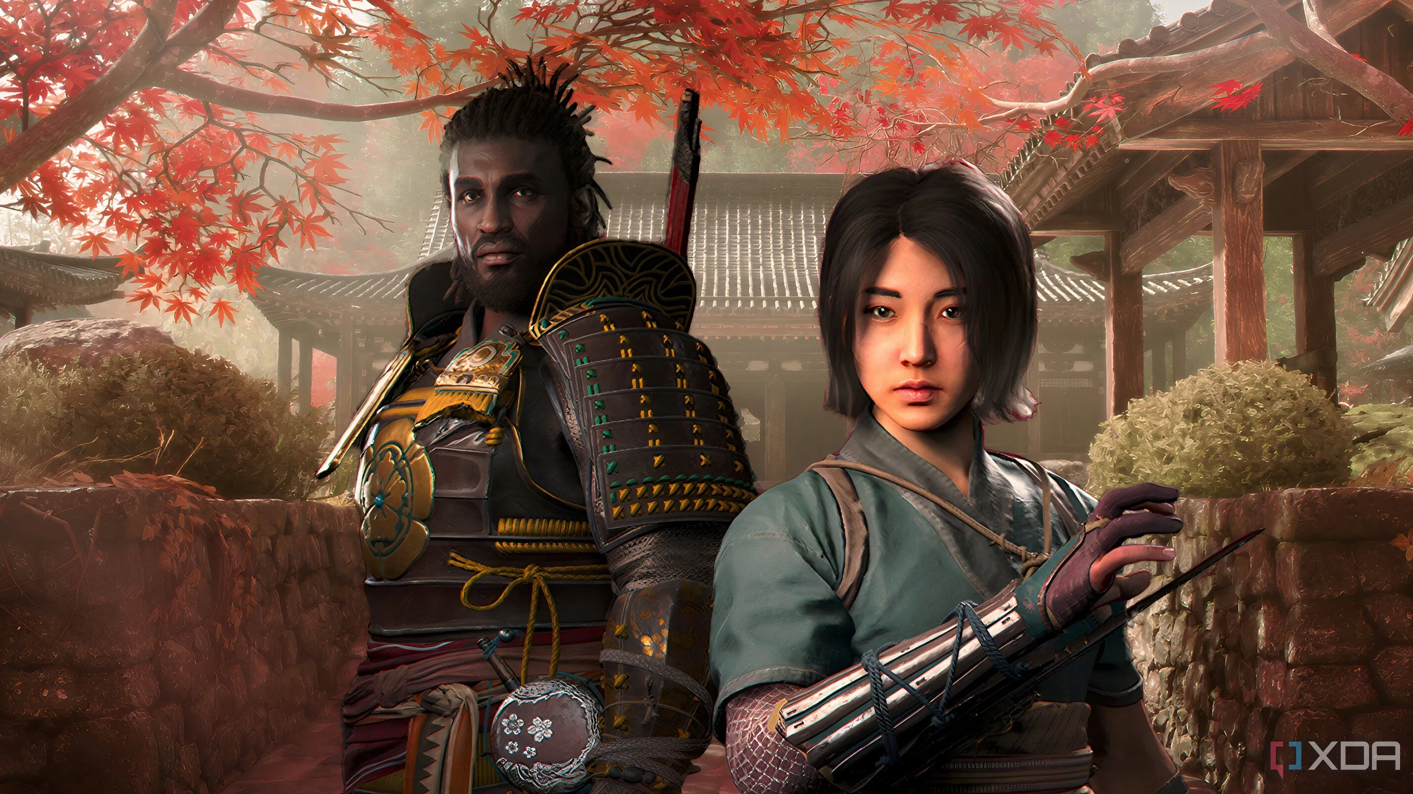 Hai nhân vật chính Naoe và Yasuke đứng trước kiến trúc Nhật Bản, thể hiện lối chơi đa dạng của Assassin's Creed Shadows.