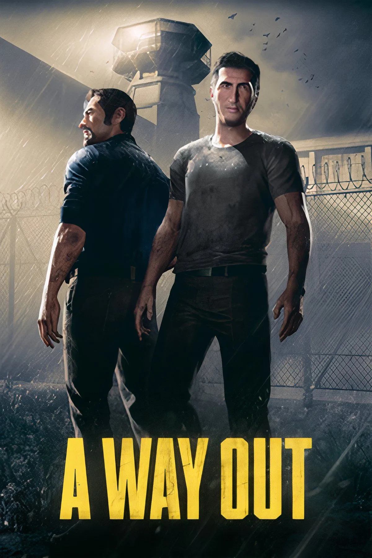 Hai nhân vật trong game A Way Out đang thực hiện kế hoạch vượt ngục trong một cảnh cắt đôi màn hình.