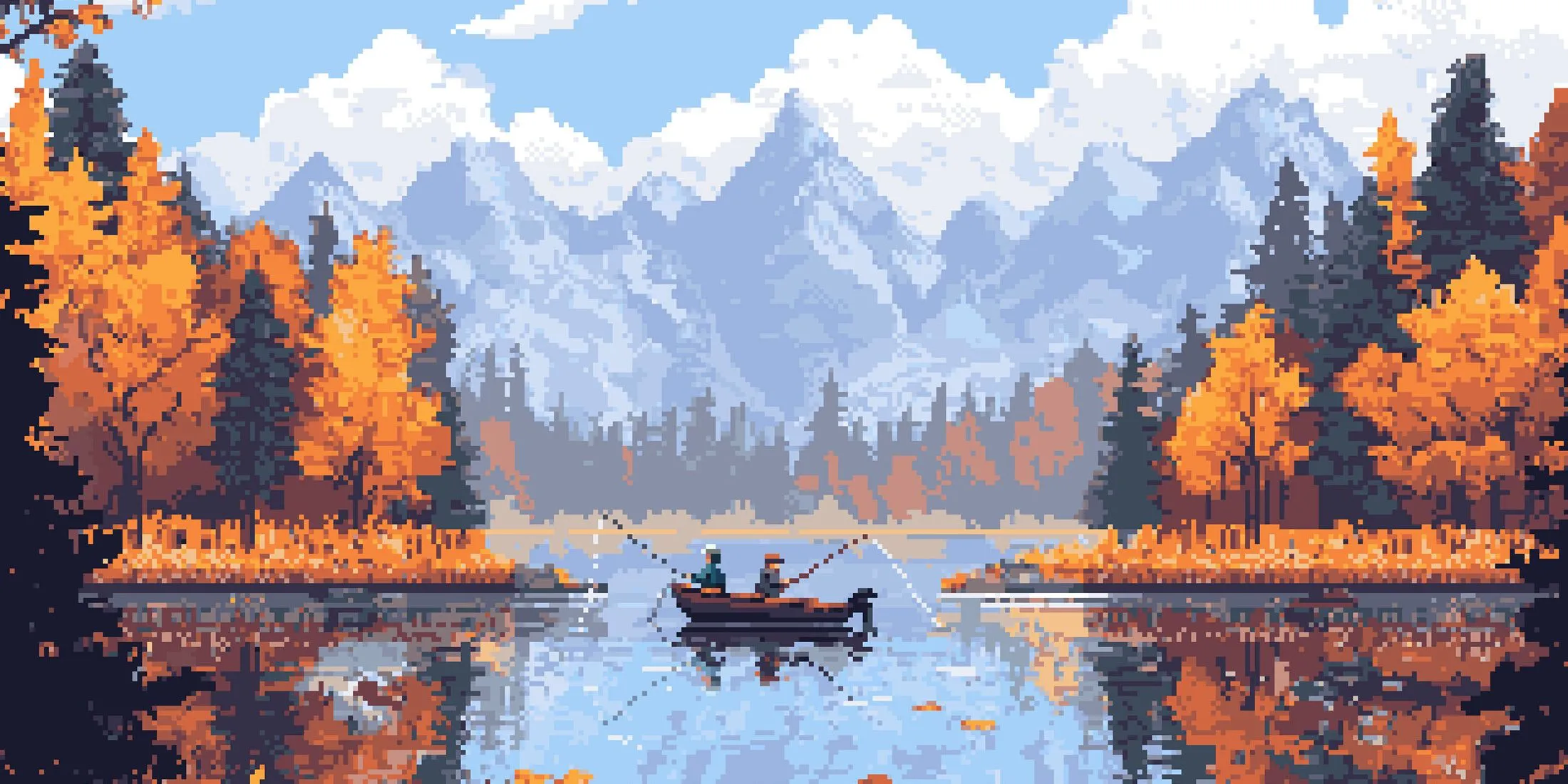 Hai nhân vật trong game Cast n Chill đang câu cá trên thuyền nhỏ giữa mặt hồ yên bình