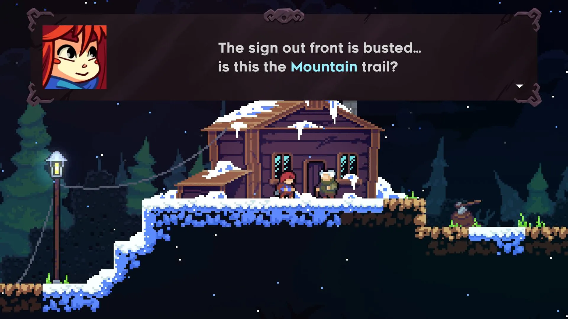 Hai nhân vật trong game Celeste đang trò chuyện trong cabin tuyết phủ