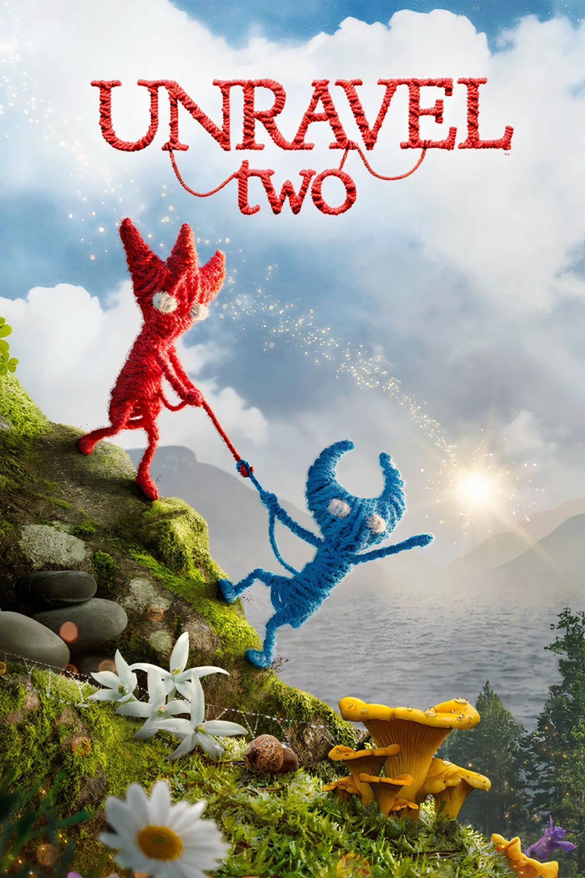 Hai nhân vật Yarny đỏ và xanh gắn kết vượt qua thử thách trong game Unravel Two
