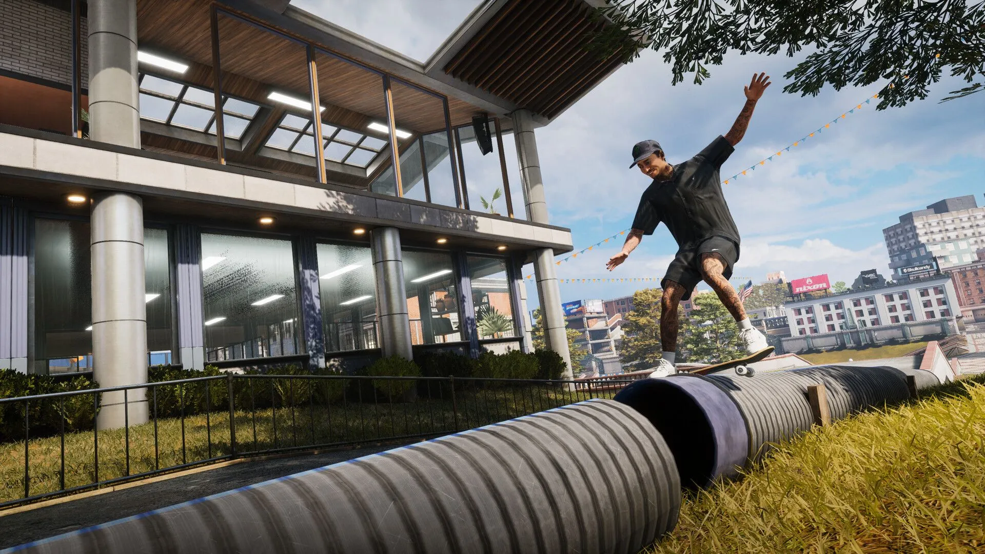 Hai skater cùng nhau khám phá sân trượt trong một sân chơi rộng lớn của Tony Hawk's Pro Skater 3+4