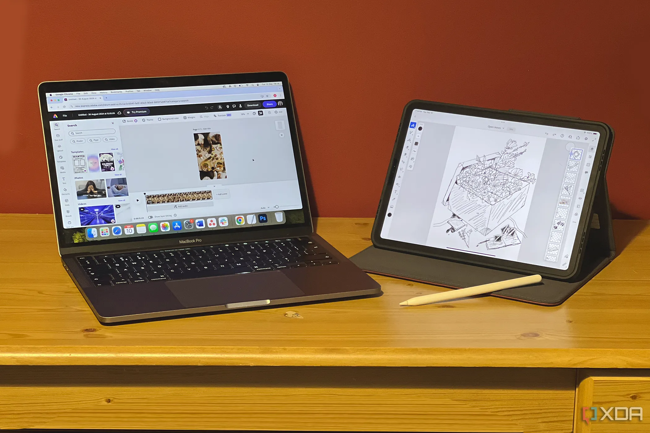 Hệ sinh thái ứng dụng Adobe, với Adobe Express trên MacBook và Adobe Fresco trên iPad, minh họa sự đa dạng công cụ AI của Adobe.