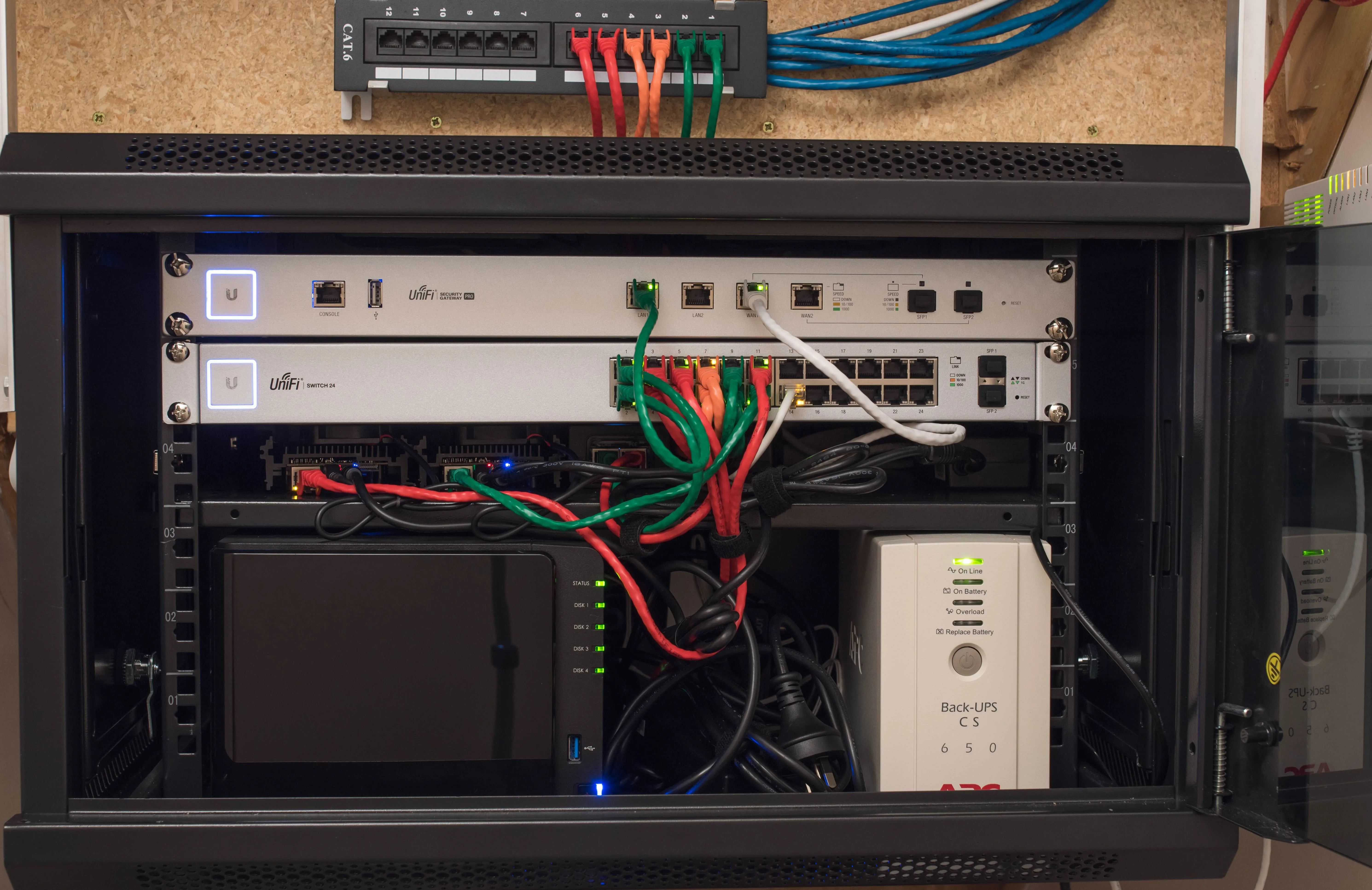 Hệ thống homelab nhỏ gọn trong tủ rack, thể hiện khả năng mở rộng lưu trữ với Btrfs trên nhiều ổ đĩa