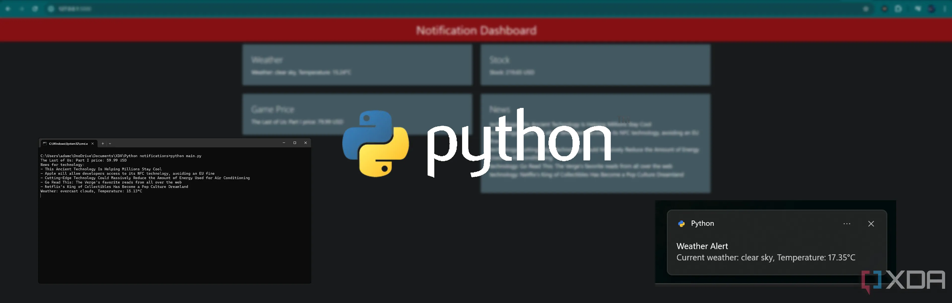 Hệ thống thông báo được tạo bằng Python hiển thị các cảnh báo trên màn hình Windows, giúp theo dõi tình trạng còn hàng của linh kiện PC