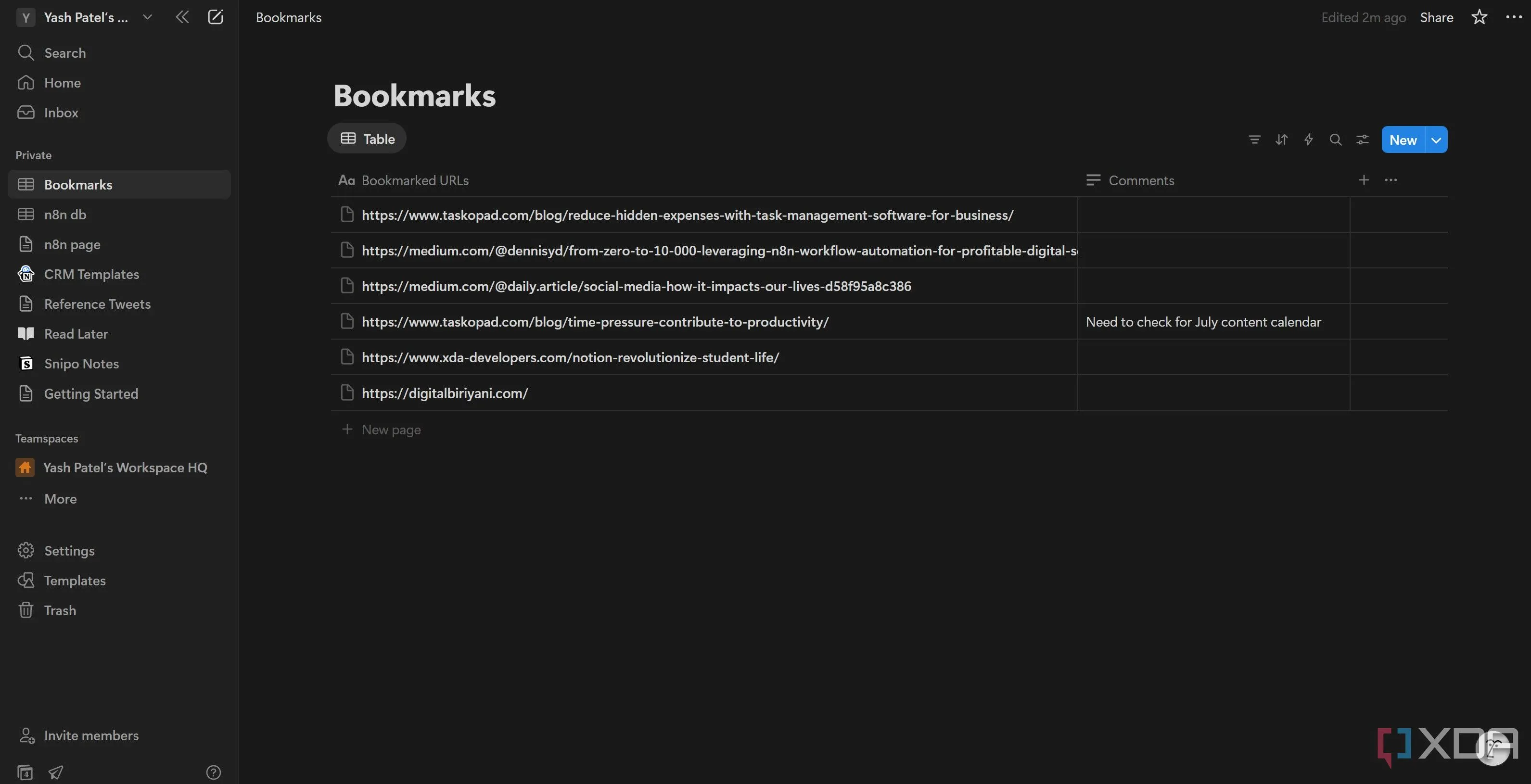 Hiển thị URL đã được lưu tự động vào database Notion sau khi sử dụng bookmarklet.