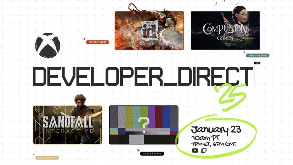 Hình ảnh banner sự kiện Xbox Developer_Direct 2025 giới thiệu các tựa game như South of Midnight, DOOM: The Dark Ages và Clair Obscur: Expedition 33.