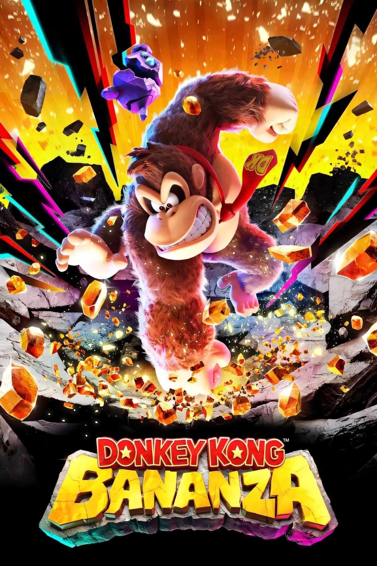 Hình ảnh bìa chính thức của game Donkey Kong Bananza, thể hiện Donkey Kong và thế giới đầy màu sắc