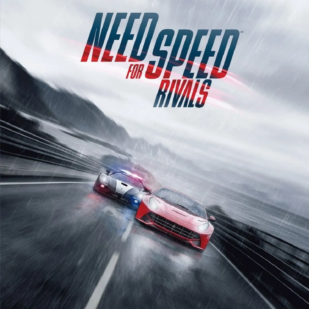 Hình ảnh bìa của game Need for Speed Rivals với cảnh đua xe tốc độ cao và cuộc truy đuổi cảnh sát
