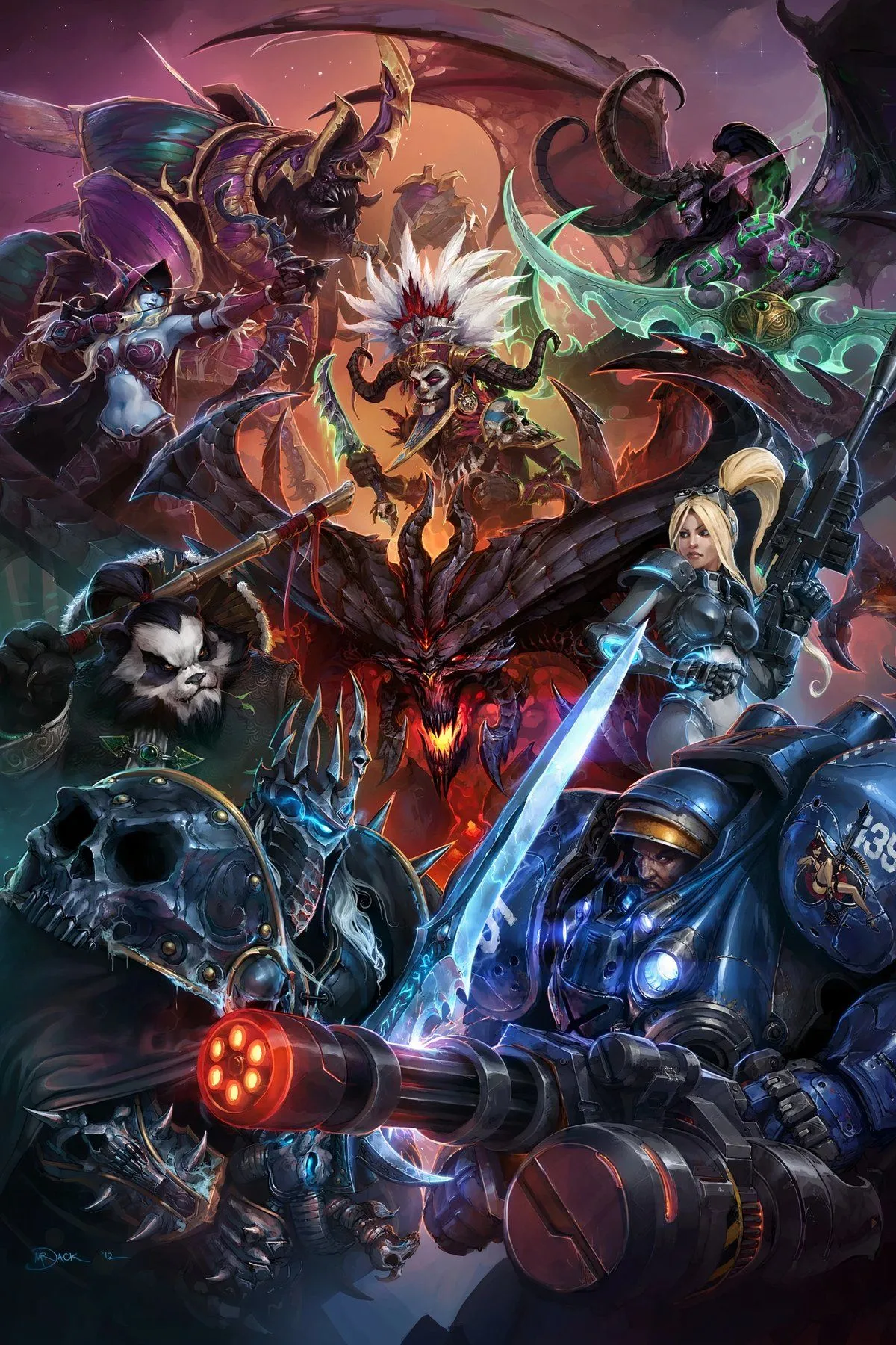 Hình ảnh các nhân vật biểu tượng từ các vũ trụ Blizzard trong Heroes of the Storm, như Arthas và Thrall, cùng nhau chiến đấu.