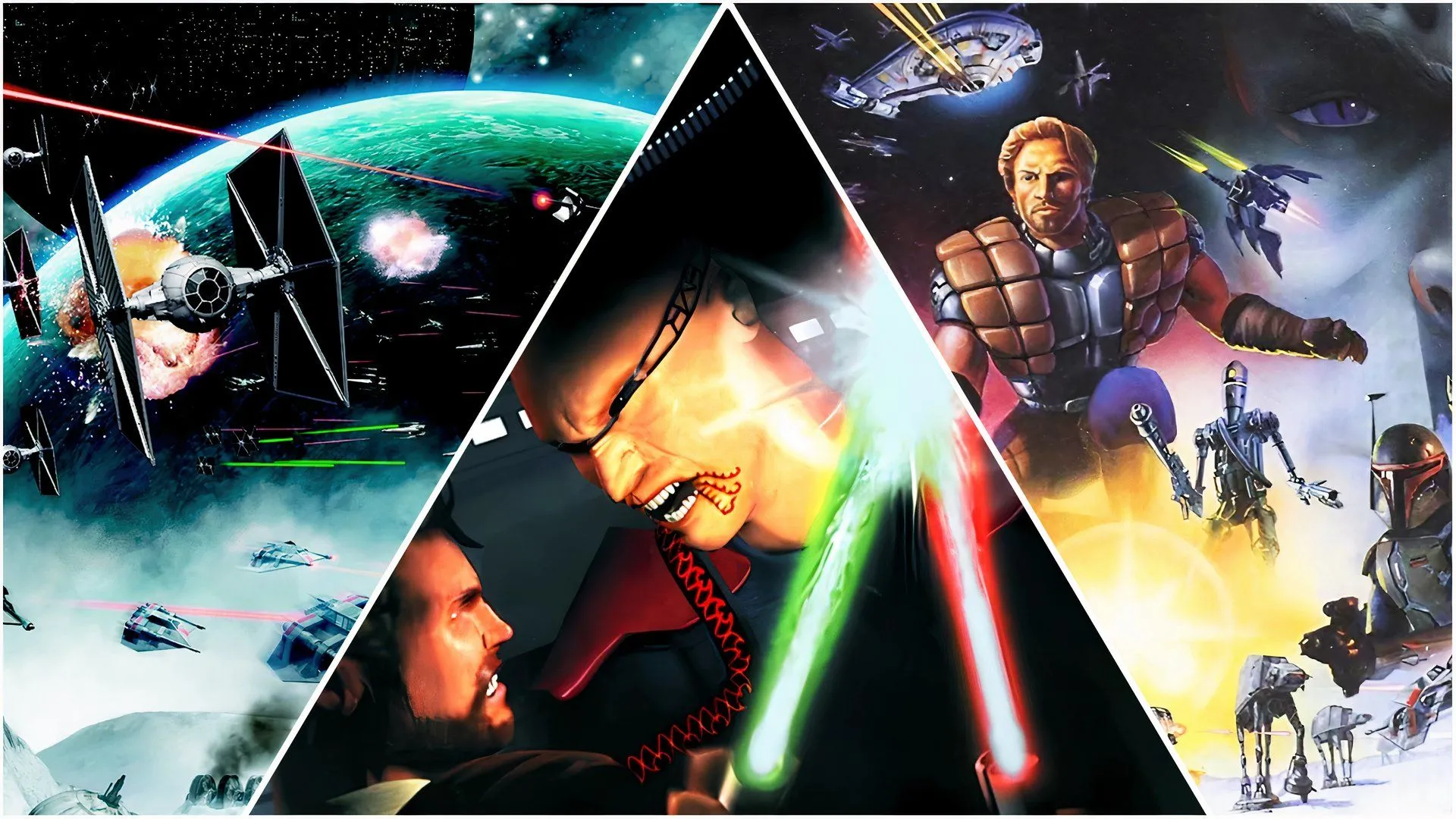 Hình ảnh các nhân vật và phi thuyền trong game Star Wars Rogue Squadron, thể hiện sự hùng tráng của loạt game.