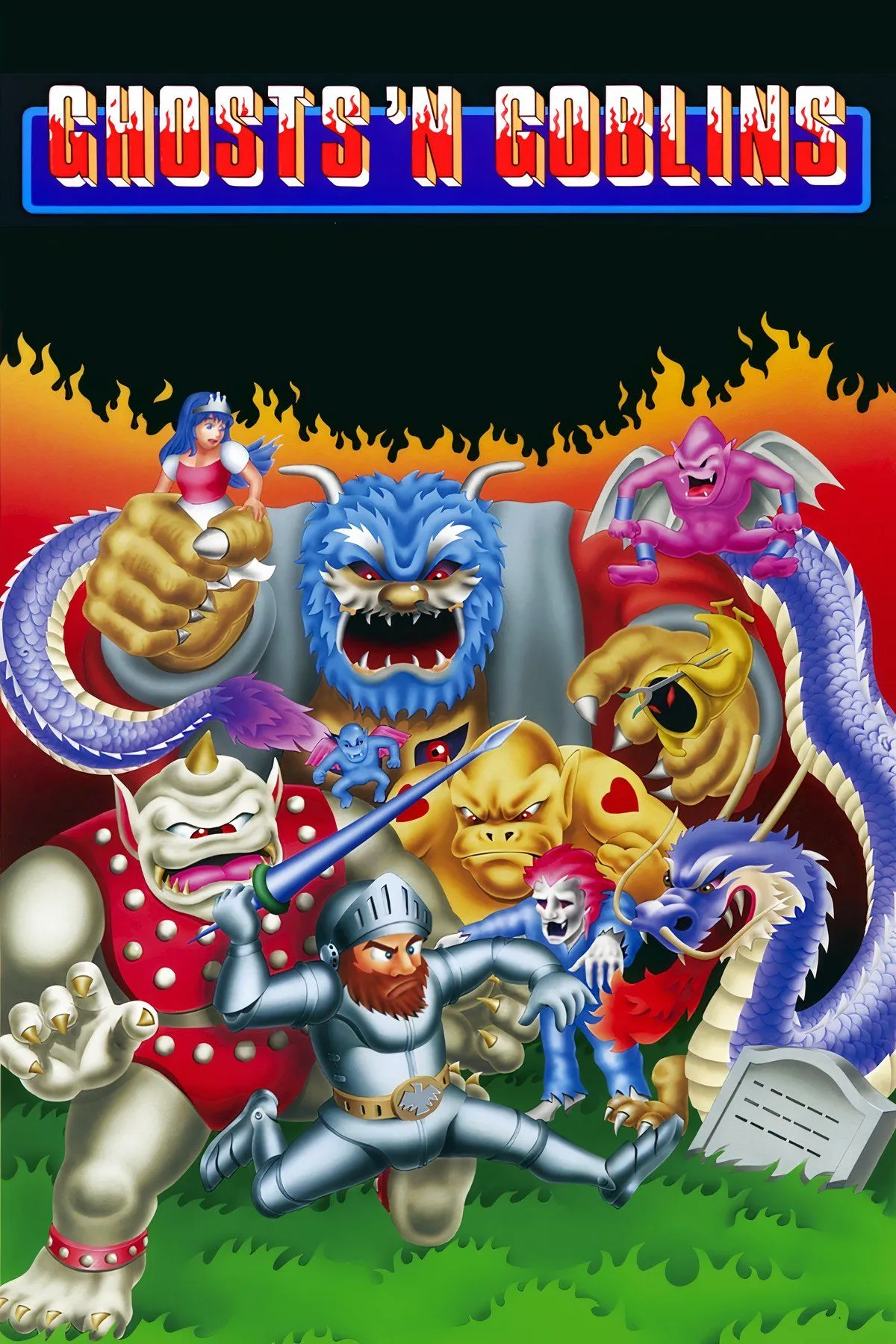 Hình ảnh cận cảnh Sir Arthur trong Ghosts 'n Goblins đối mặt với quái vật và chướng ngại vật trong màn chơi đầu