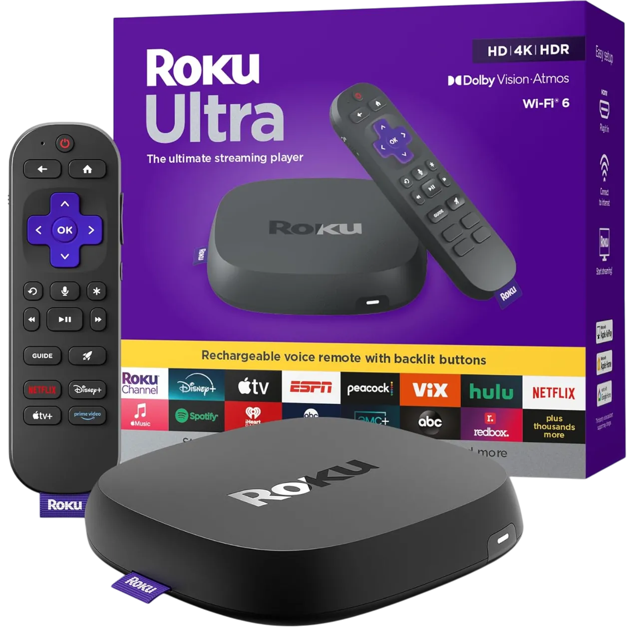 Hình ảnh cận cảnh thiết bị streaming Roku Ultra 2024 cùng bộ điều khiển từ xa thông minh
