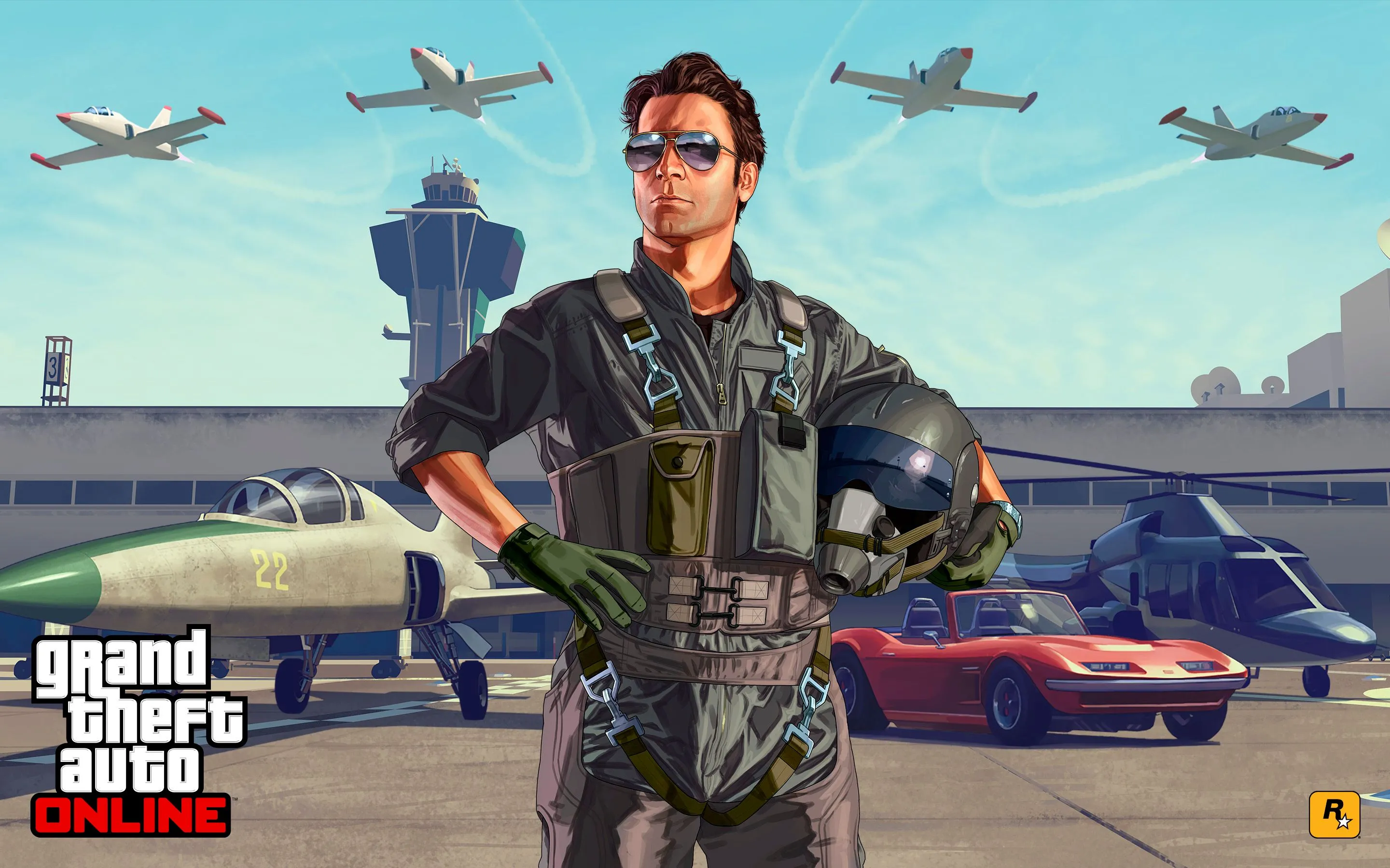 Hình ảnh chủ đạo (key art) của Grand Theft Auto Online, một phi công đứng trên đường băng với máy bay bay phía trên, minh họa quy mô và sự đa dạng trong thế giới mở của GTA.