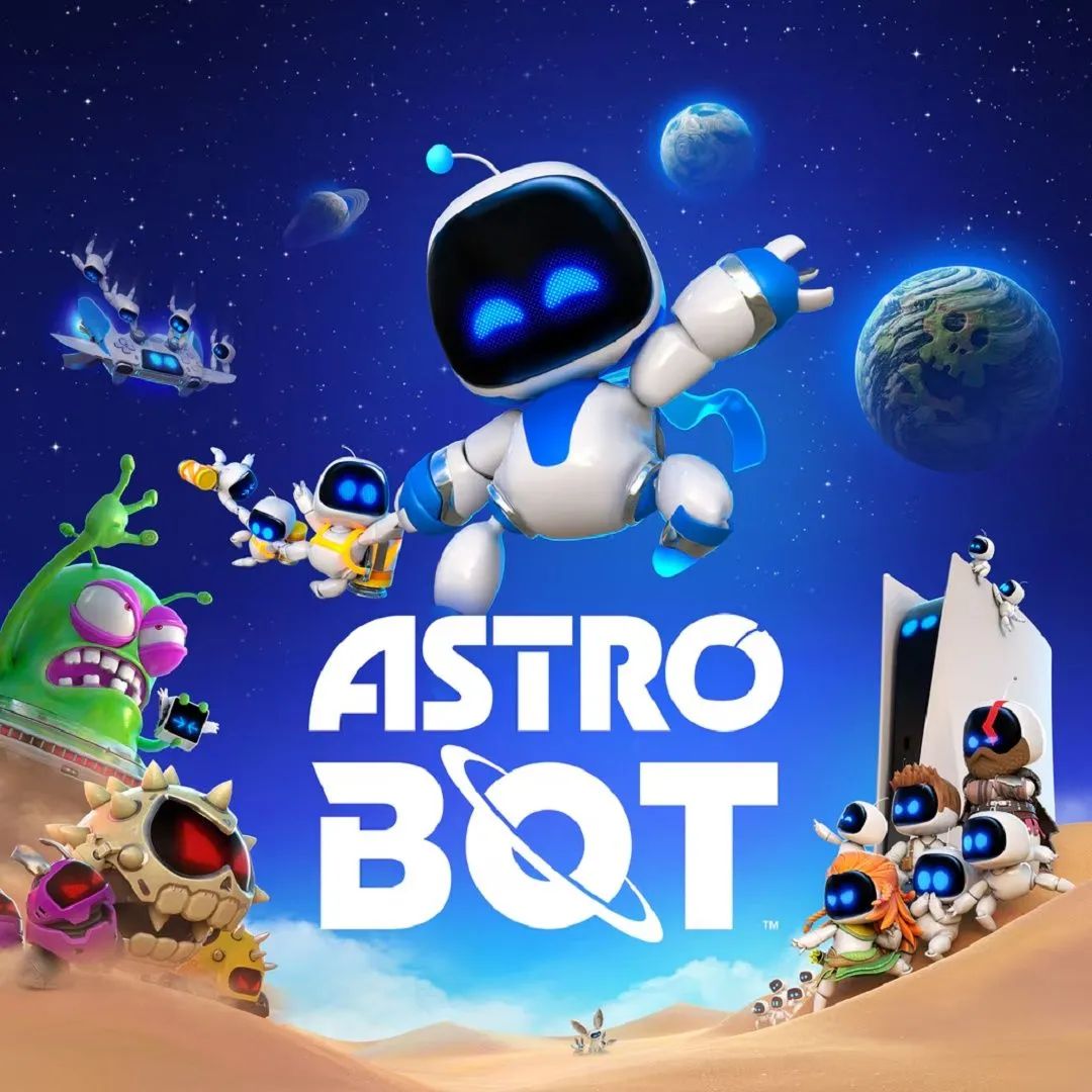 Hình ảnh game Astro Bot, với nhân vật chính Astro và các robot nhỏ trong môi trường đầy màu sắc, tận dụng tính năng độc đáo của PS5.