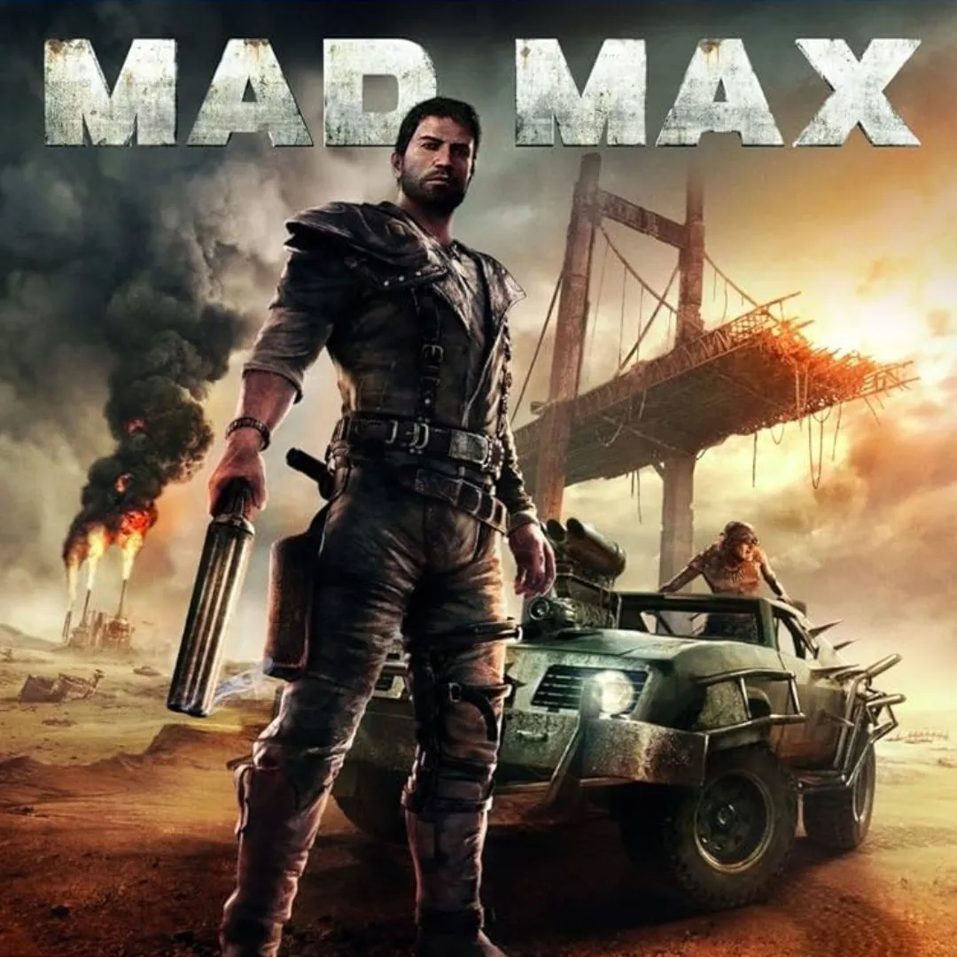 Hình ảnh game Mad Max với Max Rockatansky và xe v-8 Interceptor trên sa mạc hậu tận thế.