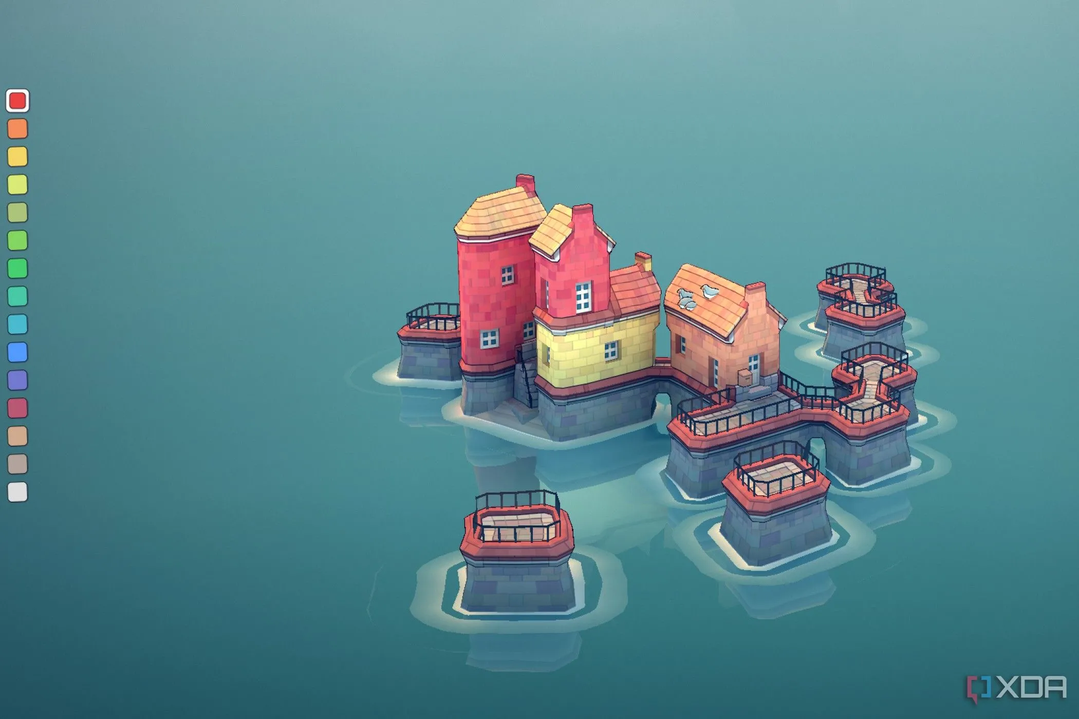 Hình ảnh game Townscaper với những ngôi nhà nhiều màu sắc nổi trên mặt nước, mang lại cảm giác thư thái