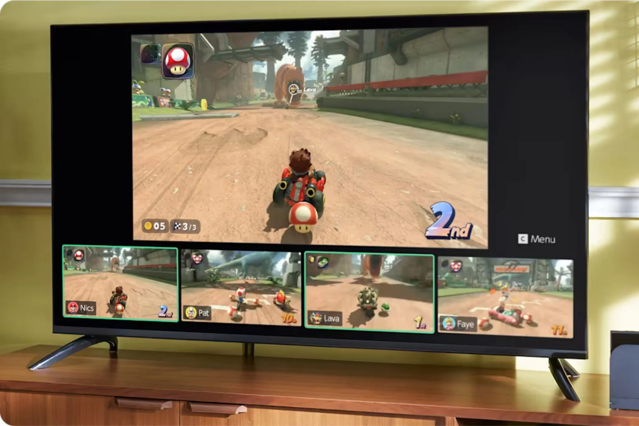 Hình ảnh GameChat Mario Kart trên Nintendo Switch 2 qua TV với camera