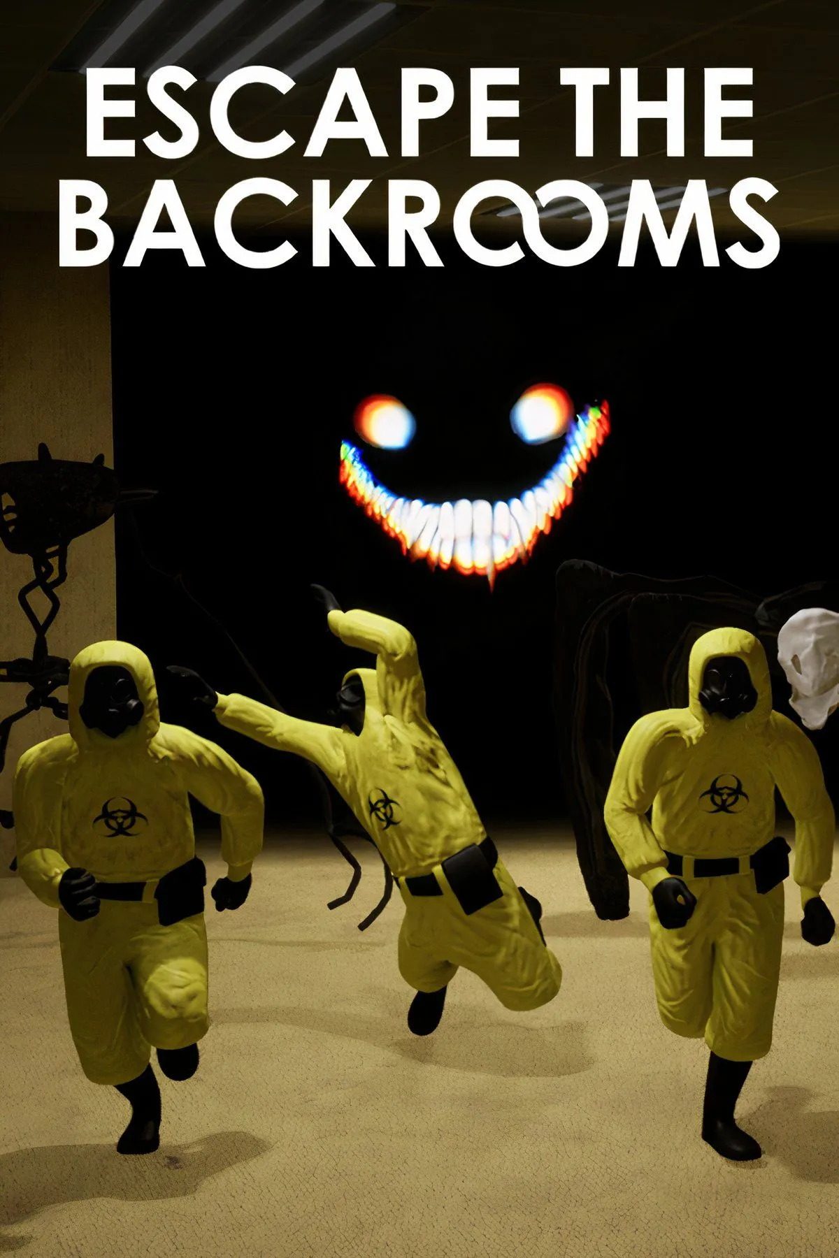 Hình ảnh gameplay của Escape the Backrooms, mô tả không gian liminal đáng sợ và quái vật trong game kinh dị co-op