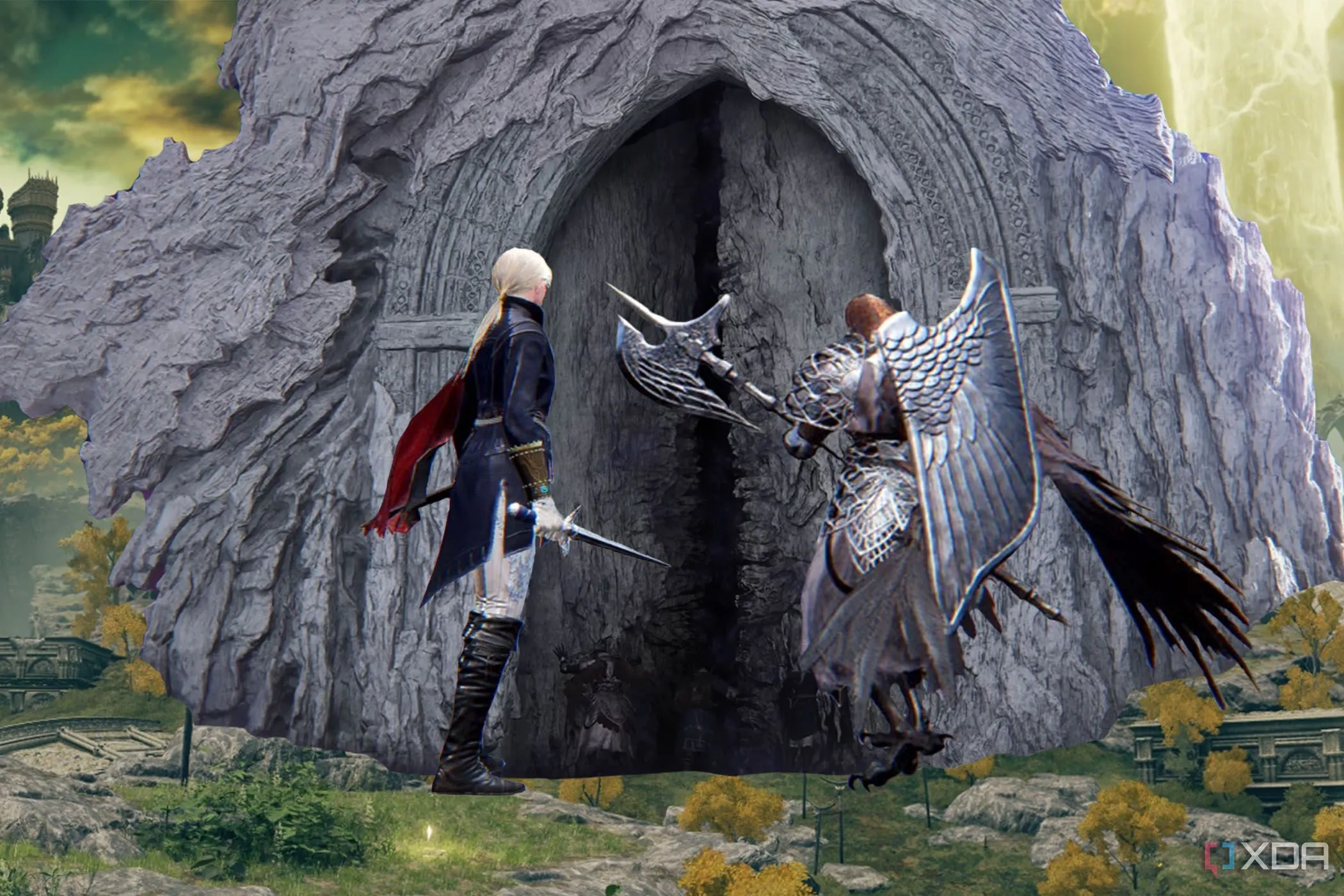 Hình ảnh gameplay Elden Ring Nightreign với nhân vật và cánh cửa trong môi trường Limgrave.