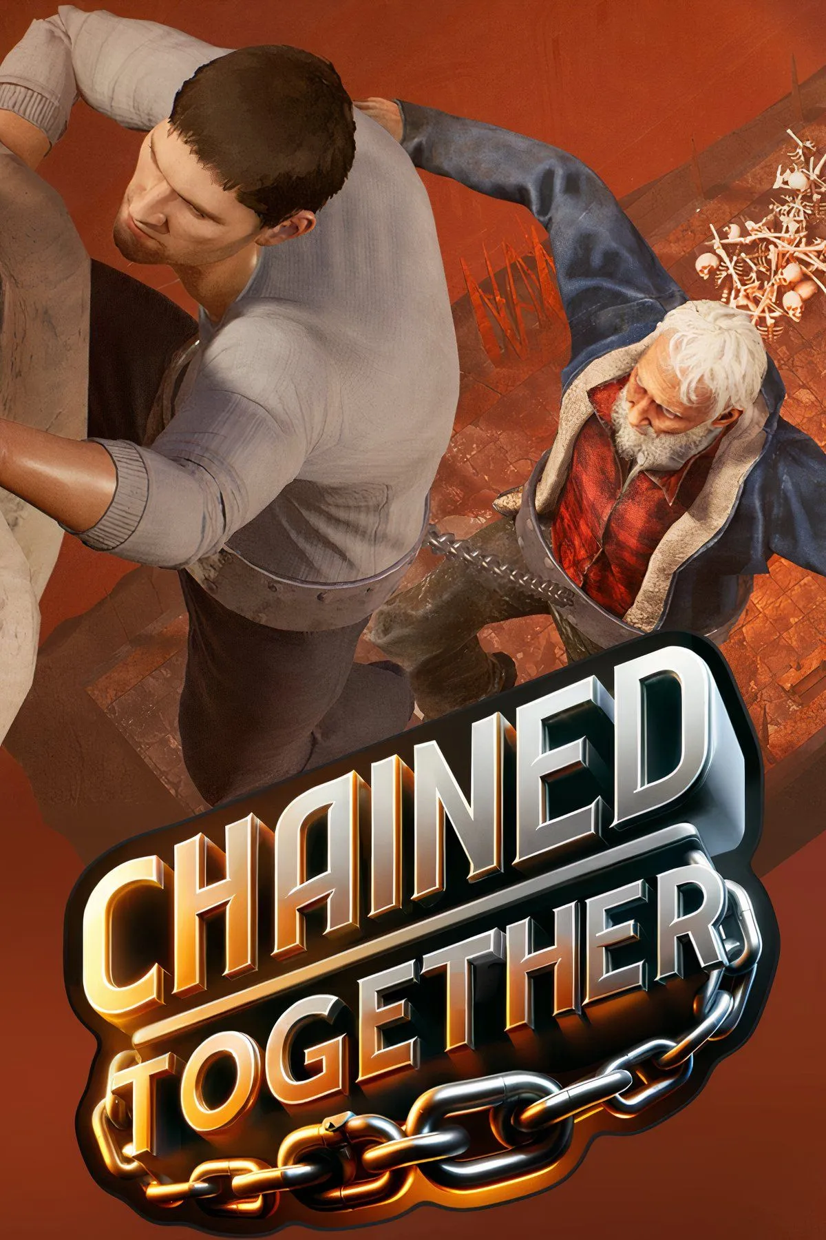 Hình ảnh gameplay game Chained Together với hai nhân vật bị xích vào nhau trong bối cảnh địa ngục khắc nghiệt.