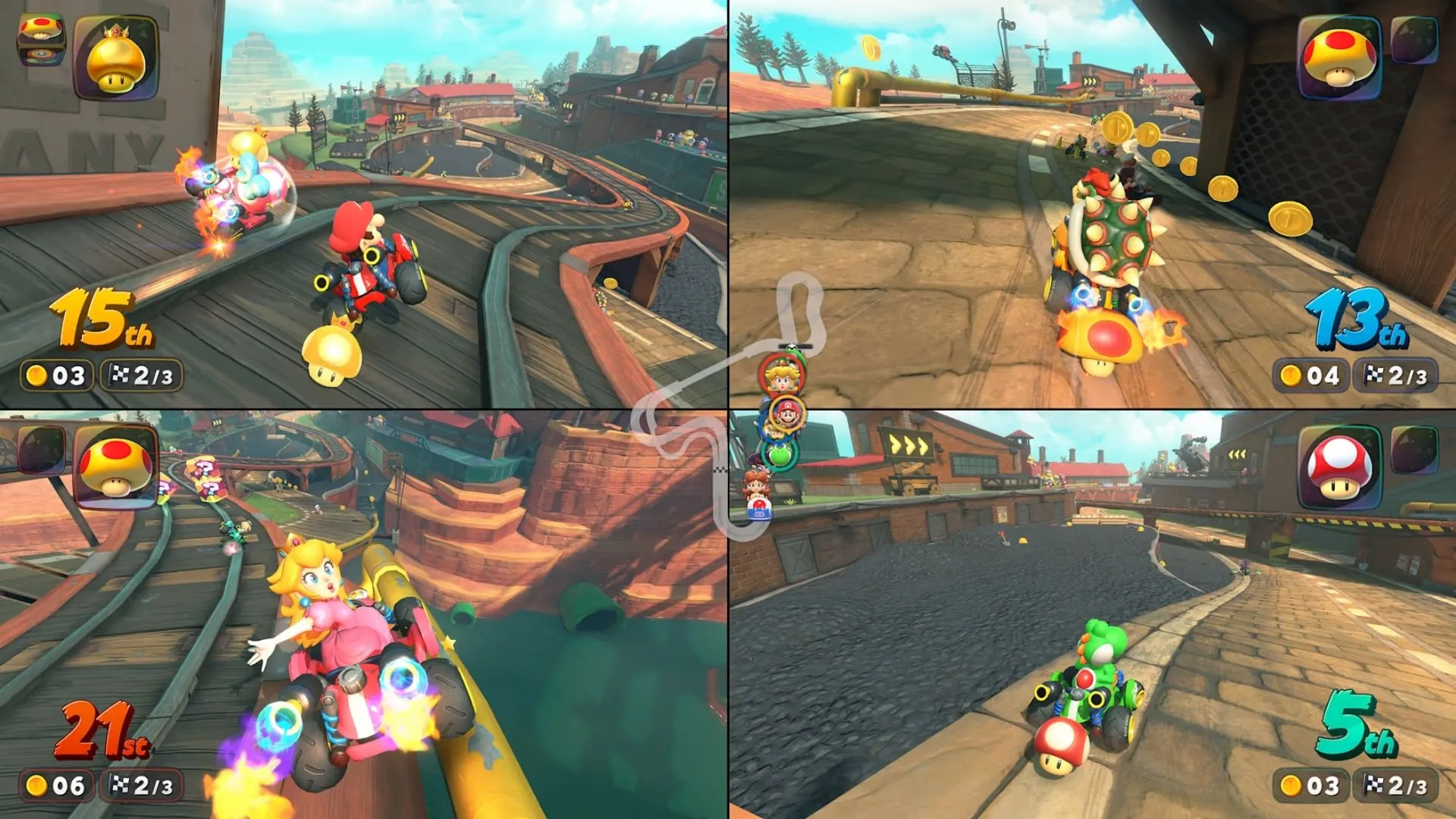Hình ảnh gameplay Mario Kart World với nhân vật Yoshi đang sử dụng vật phẩm