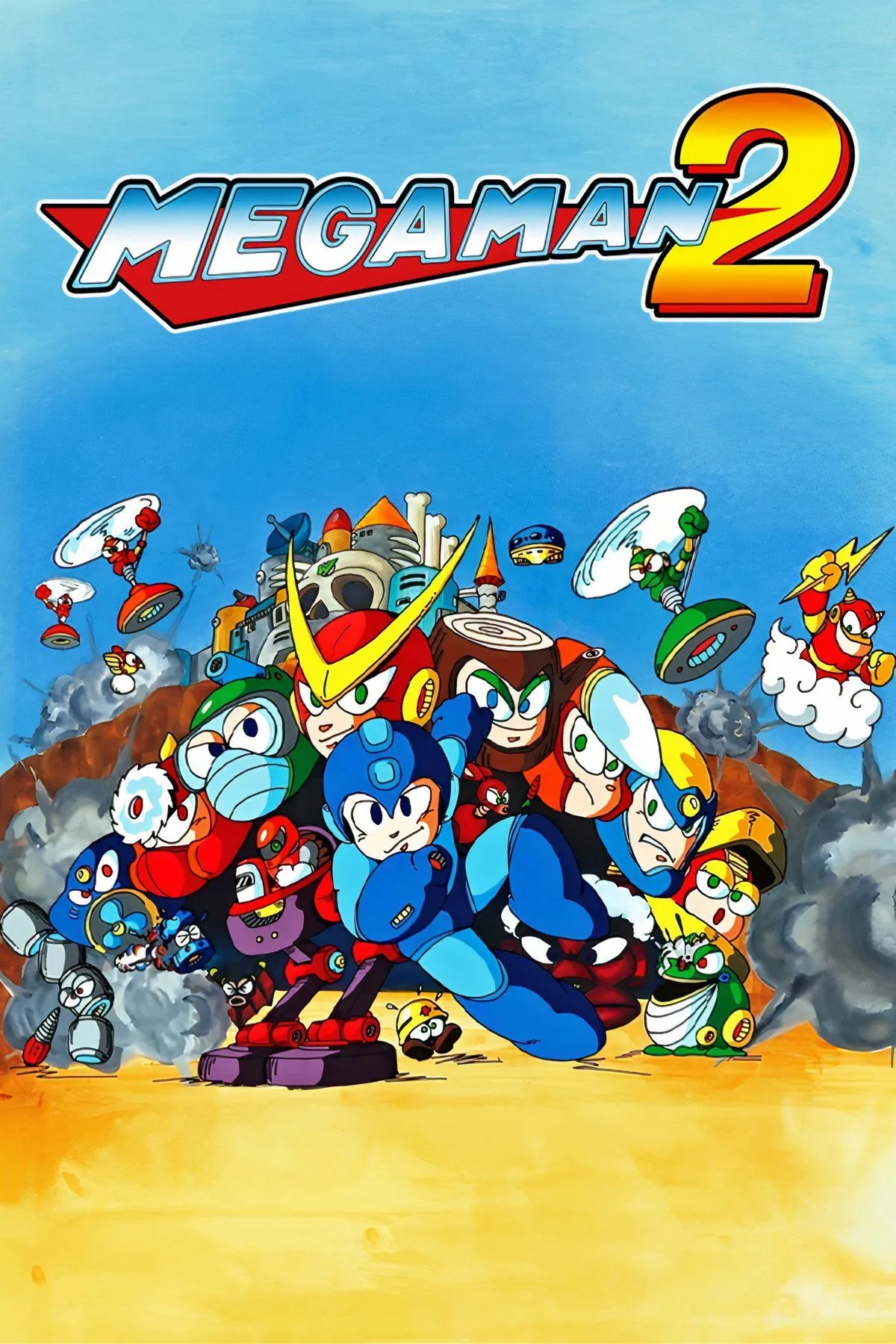 Hình ảnh gameplay Mega Man 2 trên NES, nổi bật với đồ họa 8-bit và nhân vật Blue Bomber